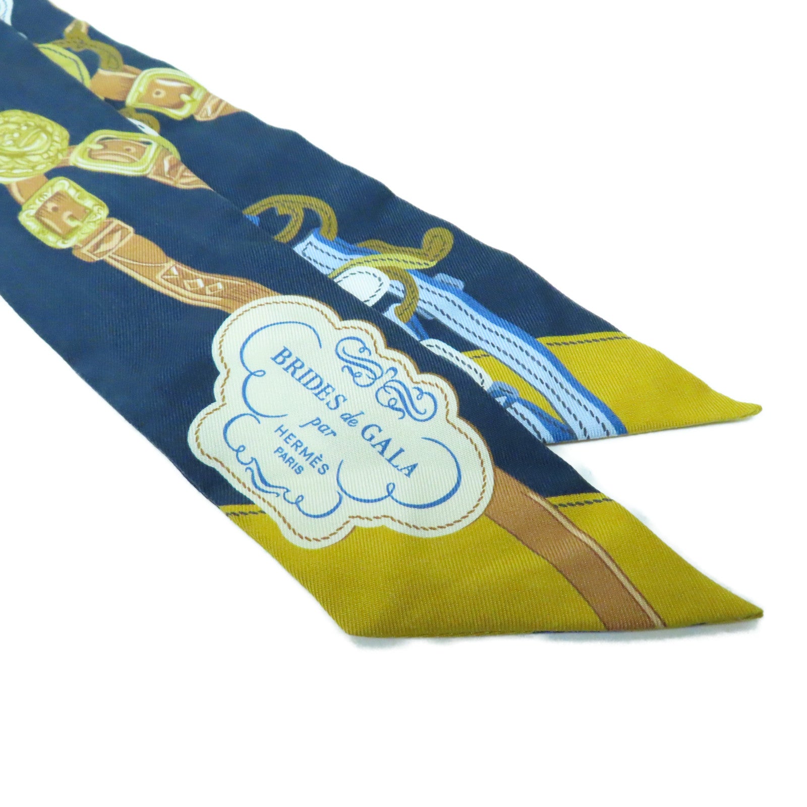 HERMES 【激減優惠】絲質Twilly Scarf絲巾深藍色/黃色