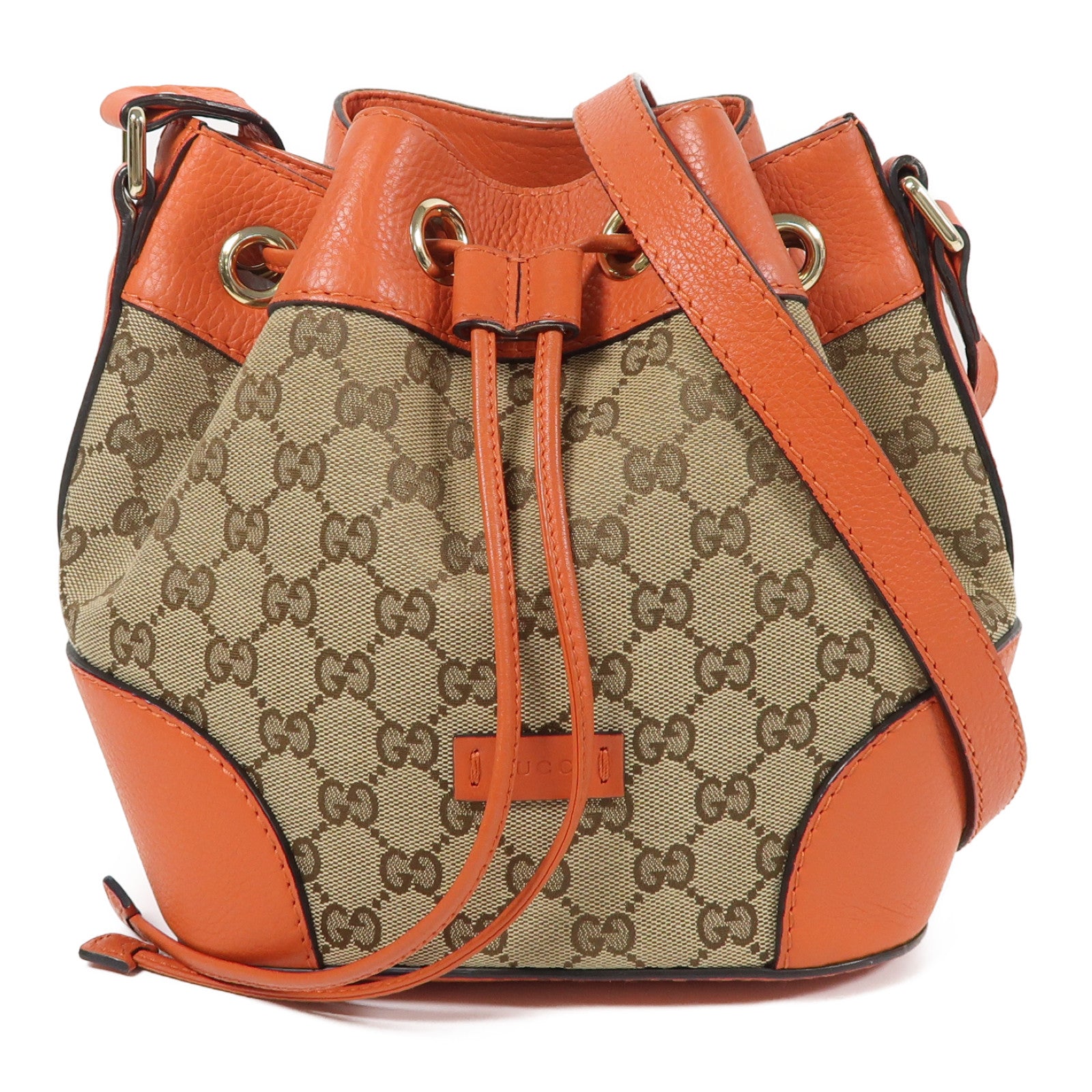 GUCCI 帆布Bucket Bag金扣肩背袋啡色/橙色