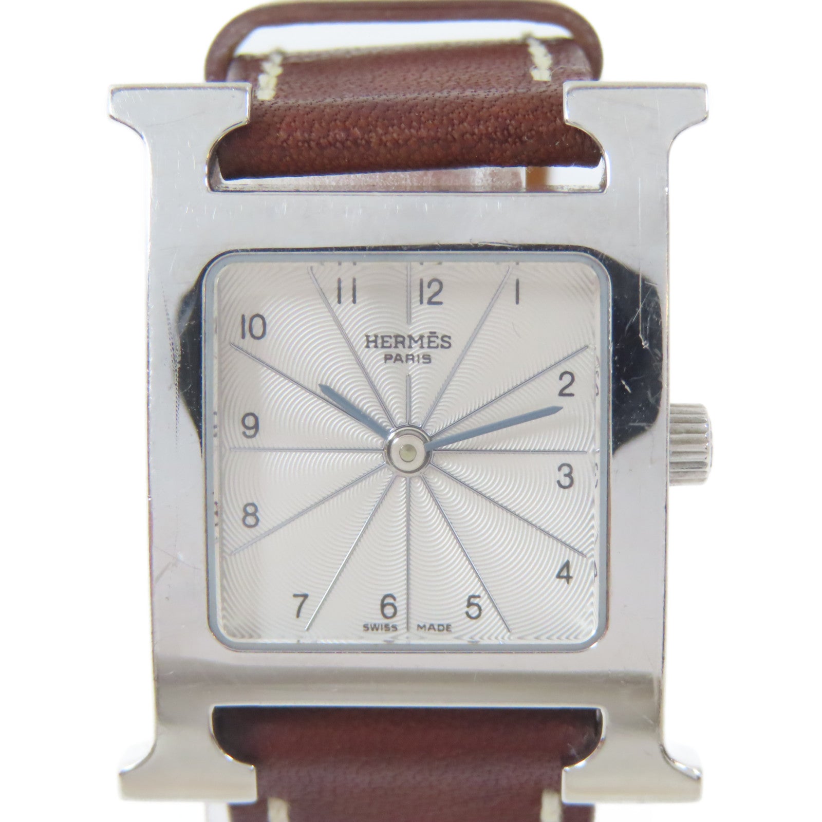 HERMES H watch皮革/不鏽鋼手錶石英機芯銀色#16cm