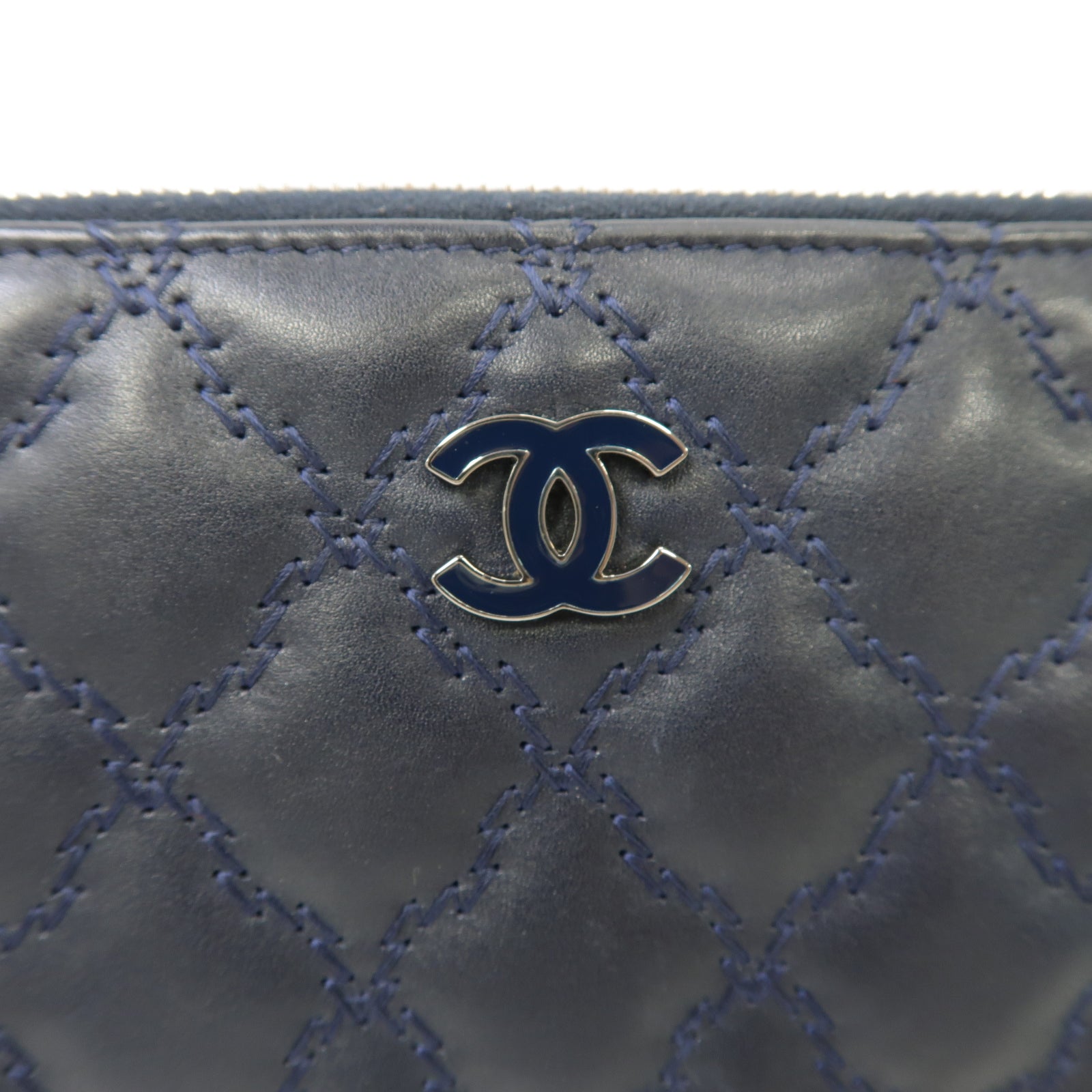 CHANEL 菱格牛皮皮革Long Wallet銀扣長錢包深藍色