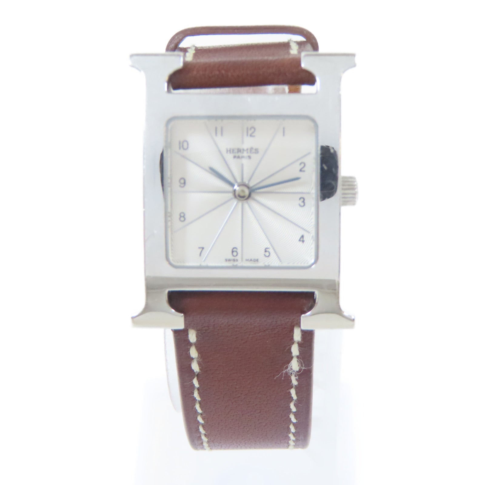 HERMES H watch皮革/不鏽鋼手錶石英機芯銀色#16cm