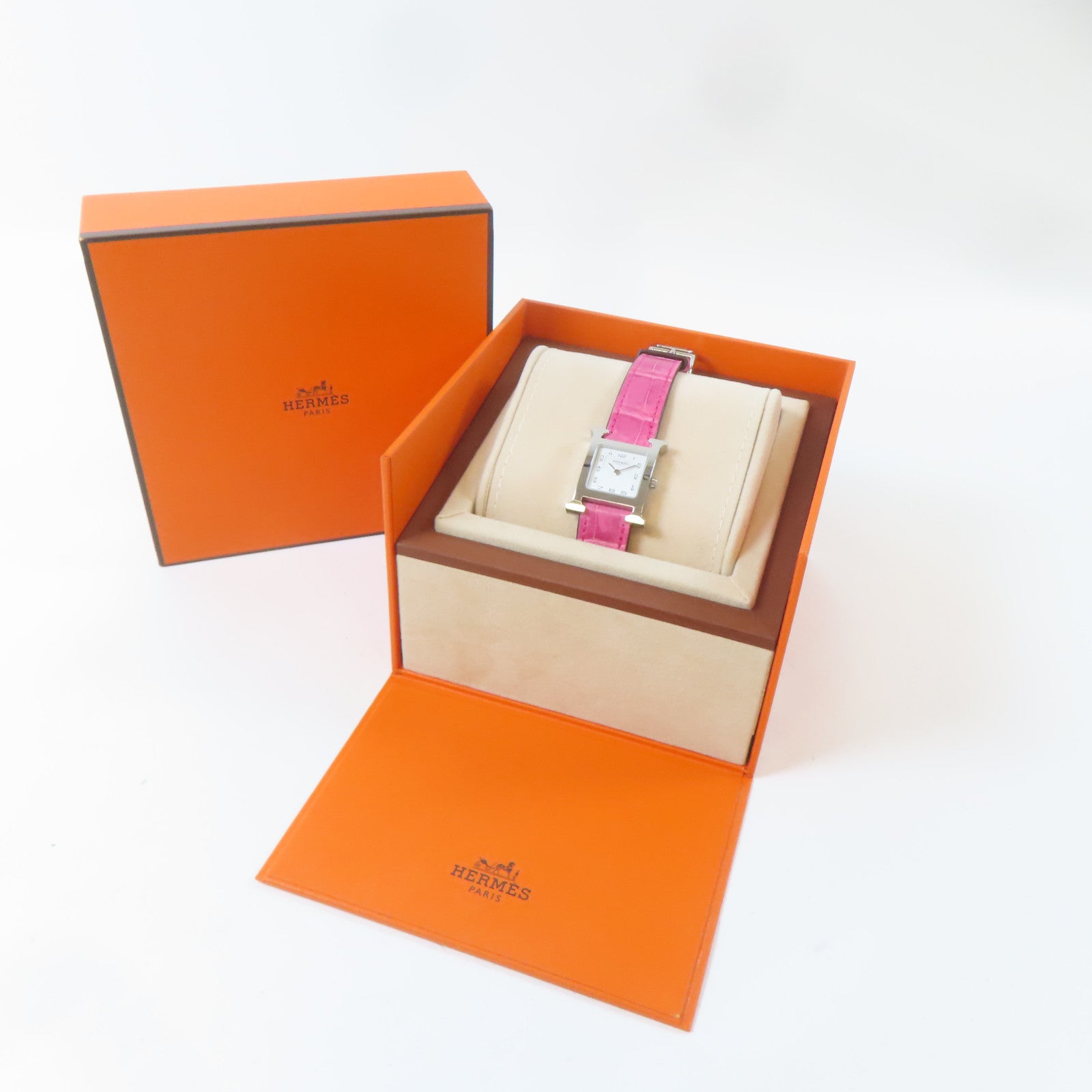 HERMES H watch不鏽鋼/皮革手錶石英機芯白色/粉紅色#16cm