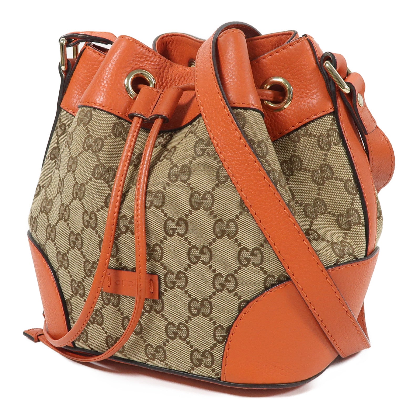 GUCCI 帆布Bucket Bag金扣肩背袋啡色/橙色