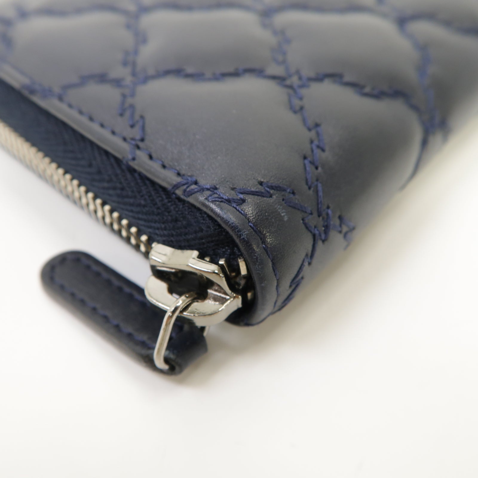CHANEL 菱格牛皮皮革Long Wallet銀扣長錢包深藍色