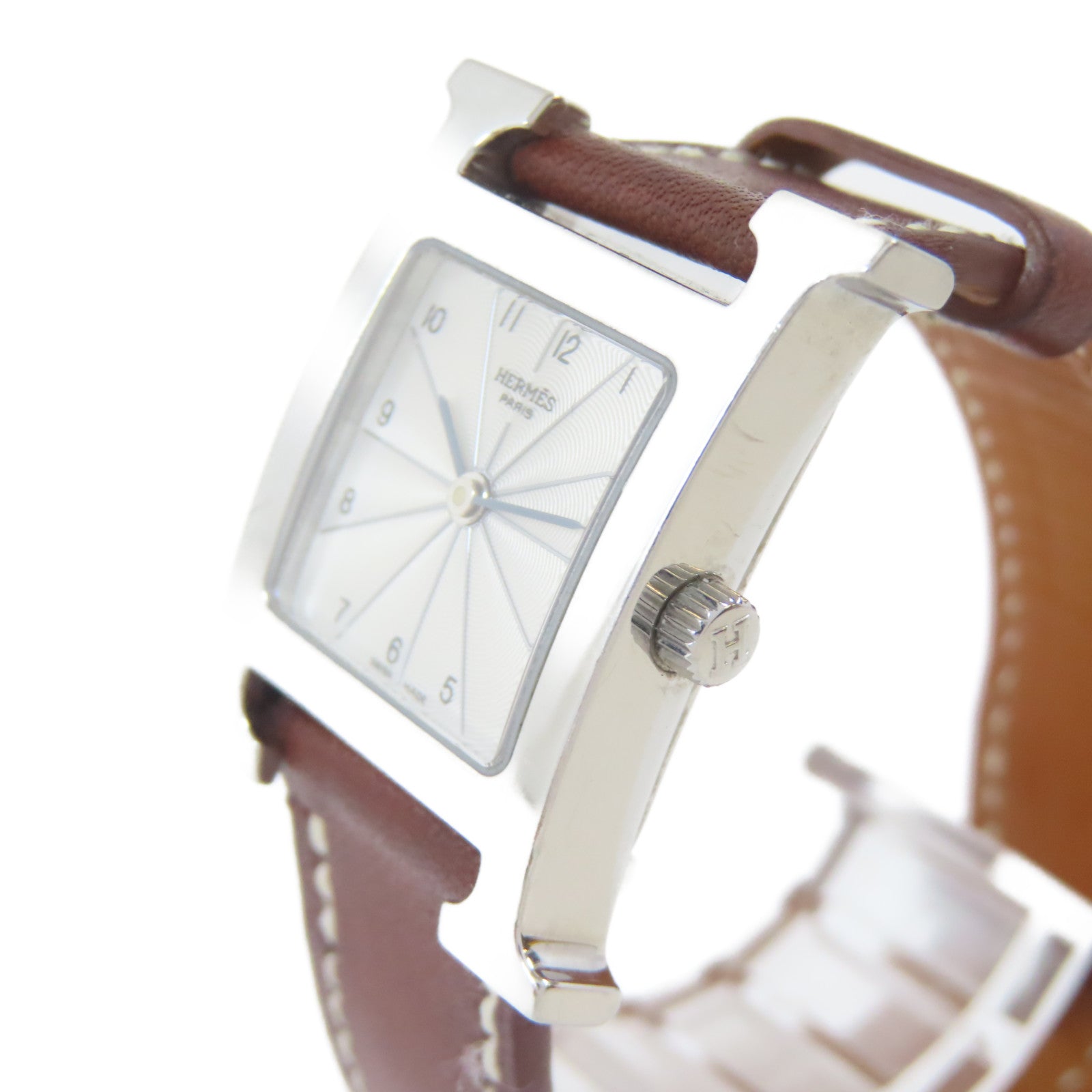 HERMES H watch皮革/不鏽鋼手錶石英機芯銀色#16cm