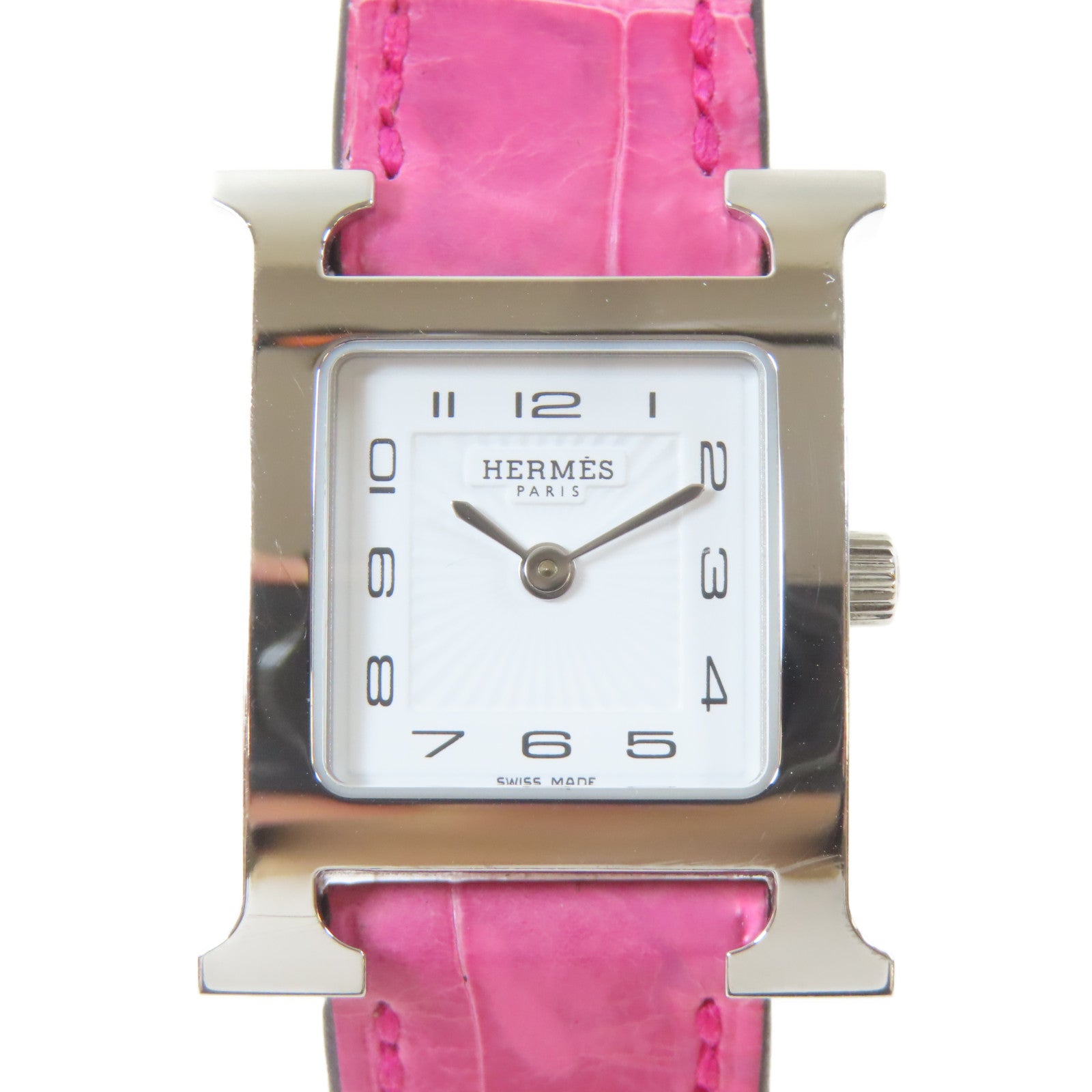 HERMES H watch不鏽鋼/皮革手錶石英機芯白色/粉紅色#16cm