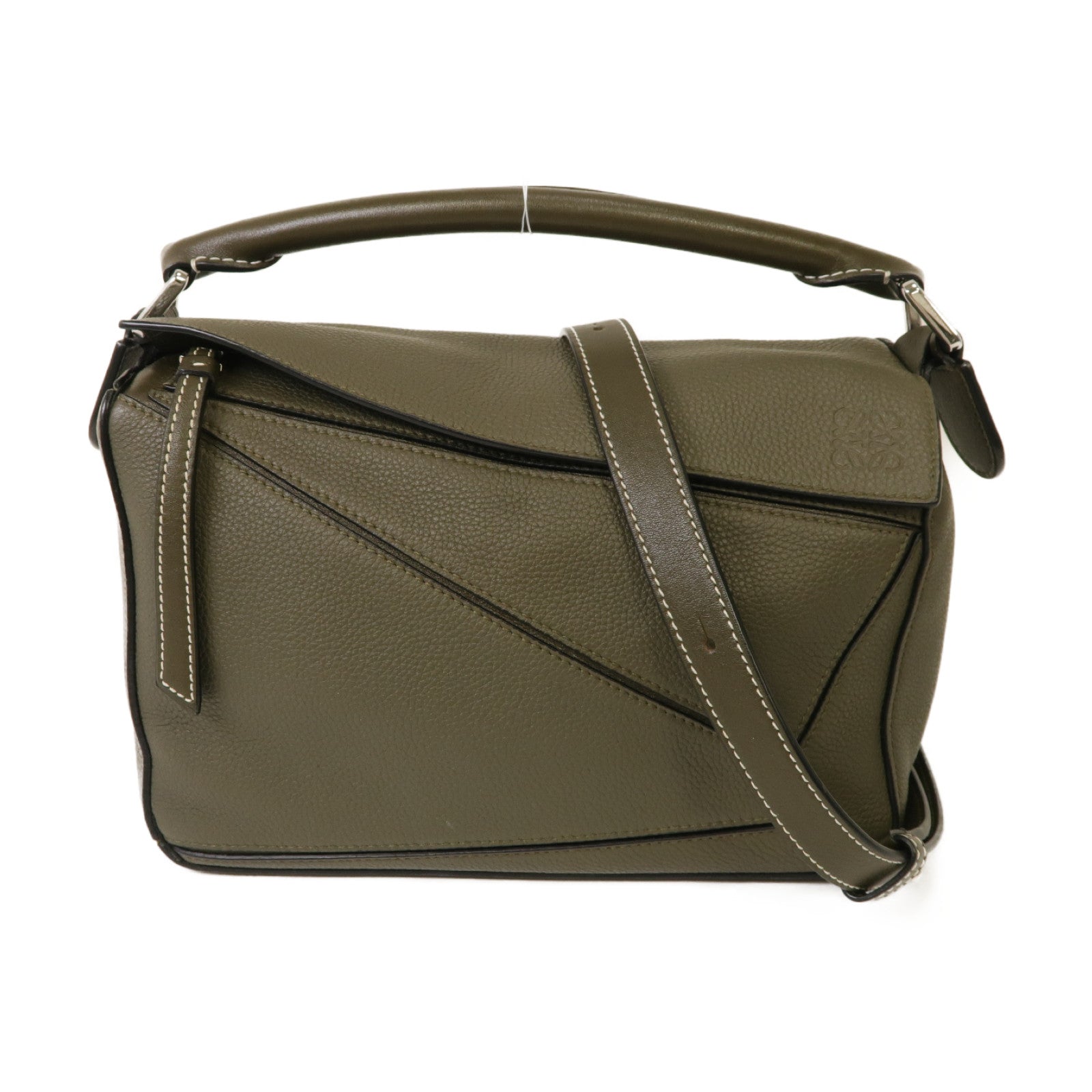 LOEWE 牛皮皮革Small Puzzle Bag銀扣手挽肩背兩用袋卡其色