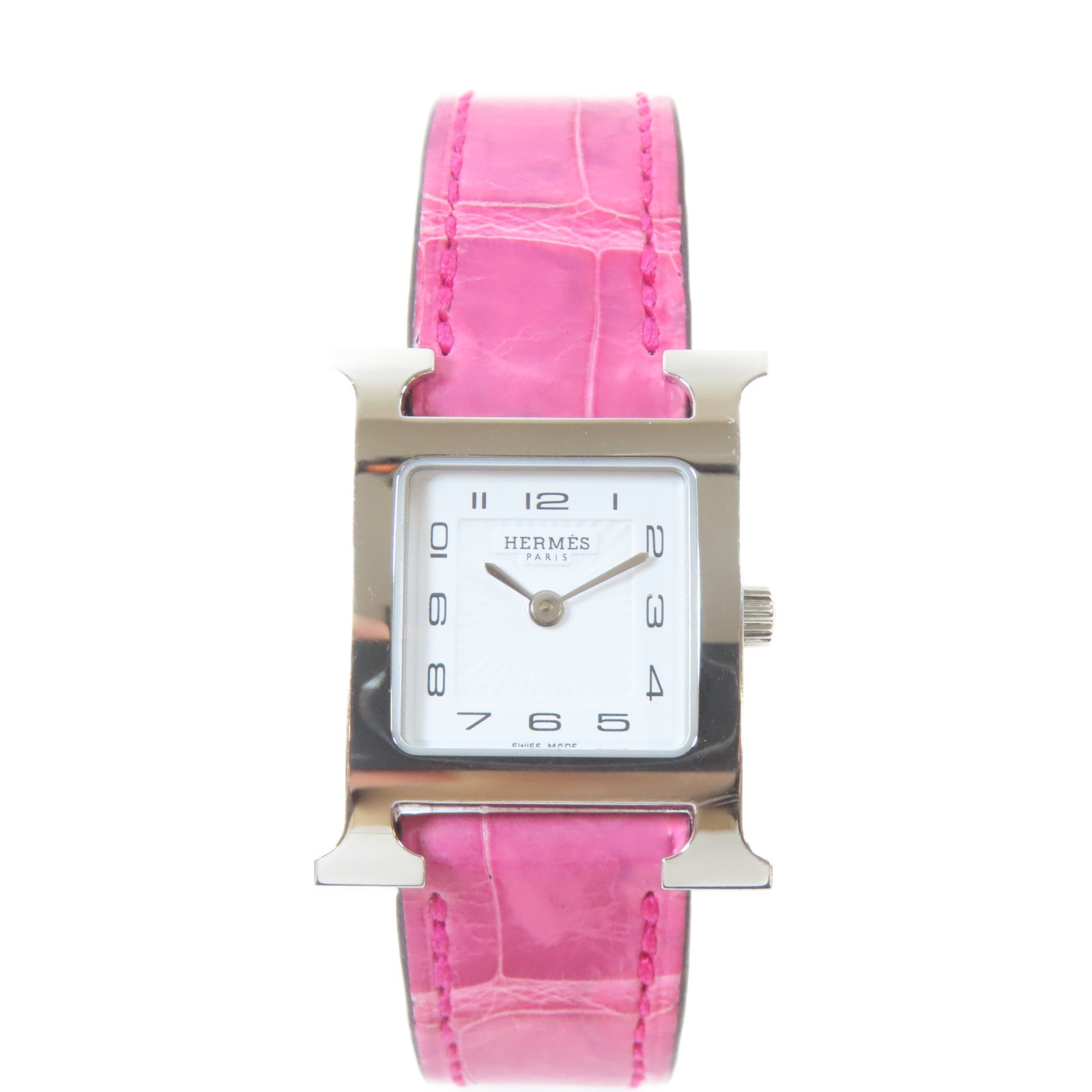 HERMES H watch不鏽鋼/皮革手錶石英機芯白色/粉紅色#16cm