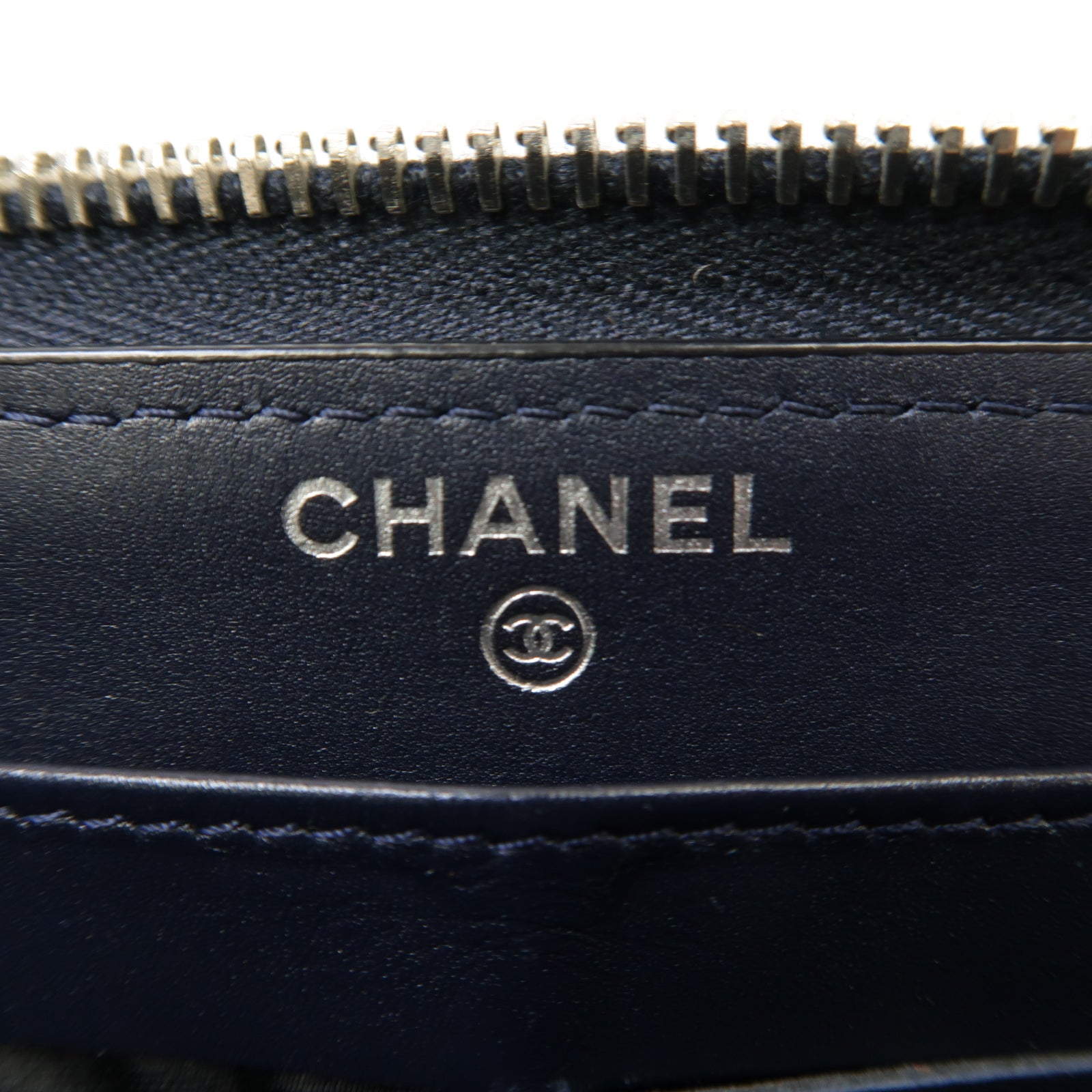 CHANEL 菱格牛皮皮革Long Wallet銀扣長錢包深藍色