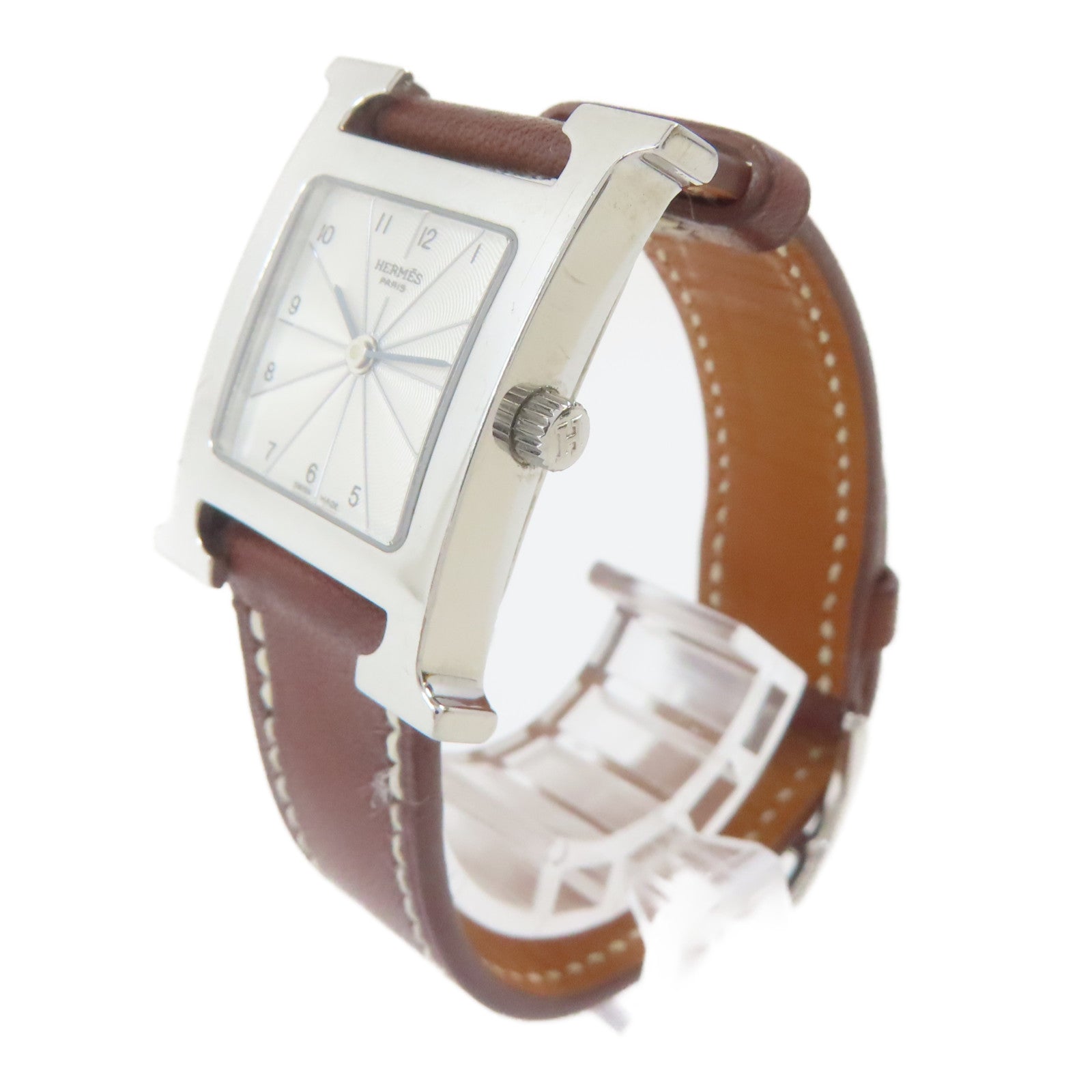 HERMES H watch皮革/不鏽鋼手錶石英機芯銀色#16cm