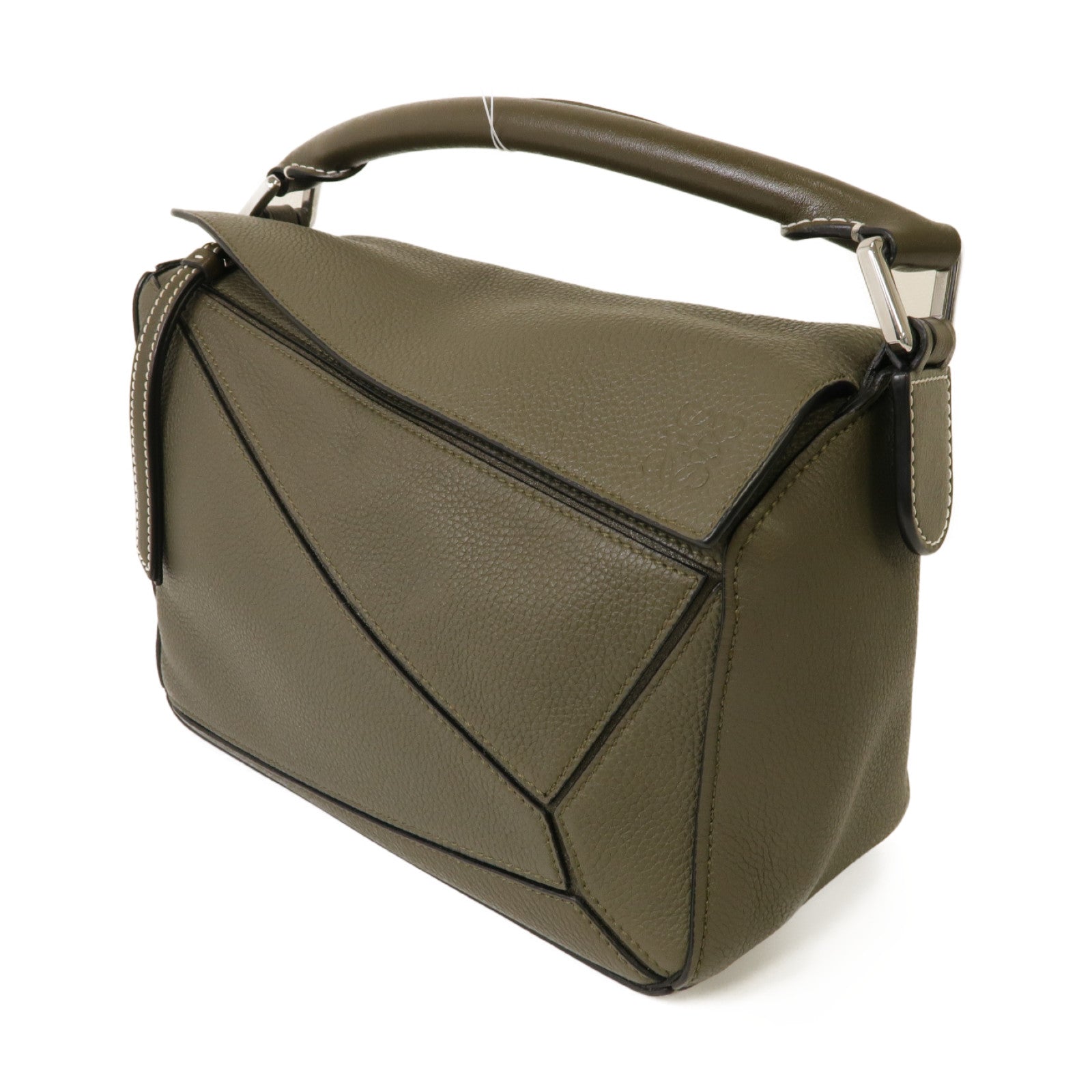 LOEWE 牛皮皮革Small Puzzle Bag銀扣手挽肩背兩用袋卡其色