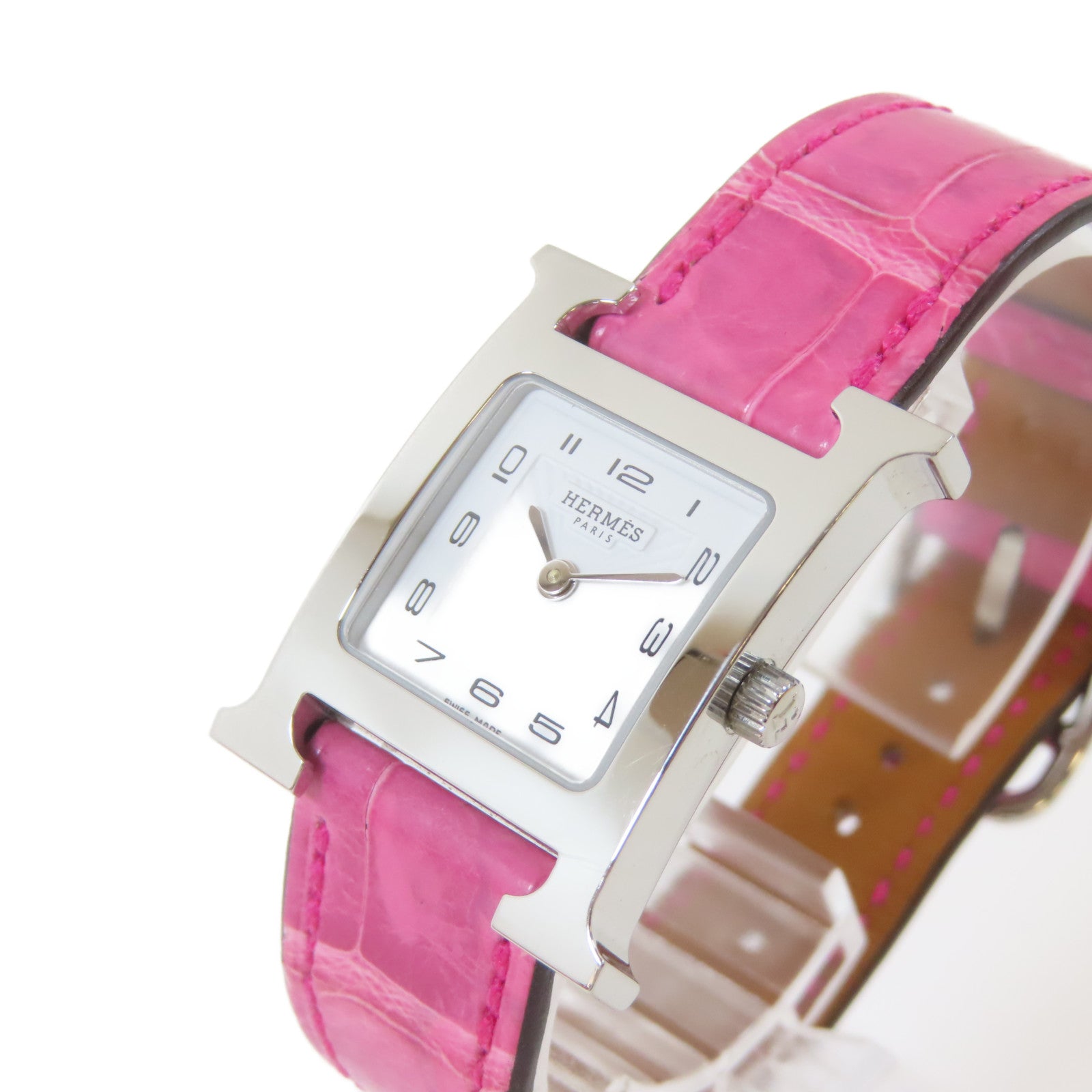 HERMES H watch不鏽鋼/皮革手錶石英機芯白色/粉紅色#16cm