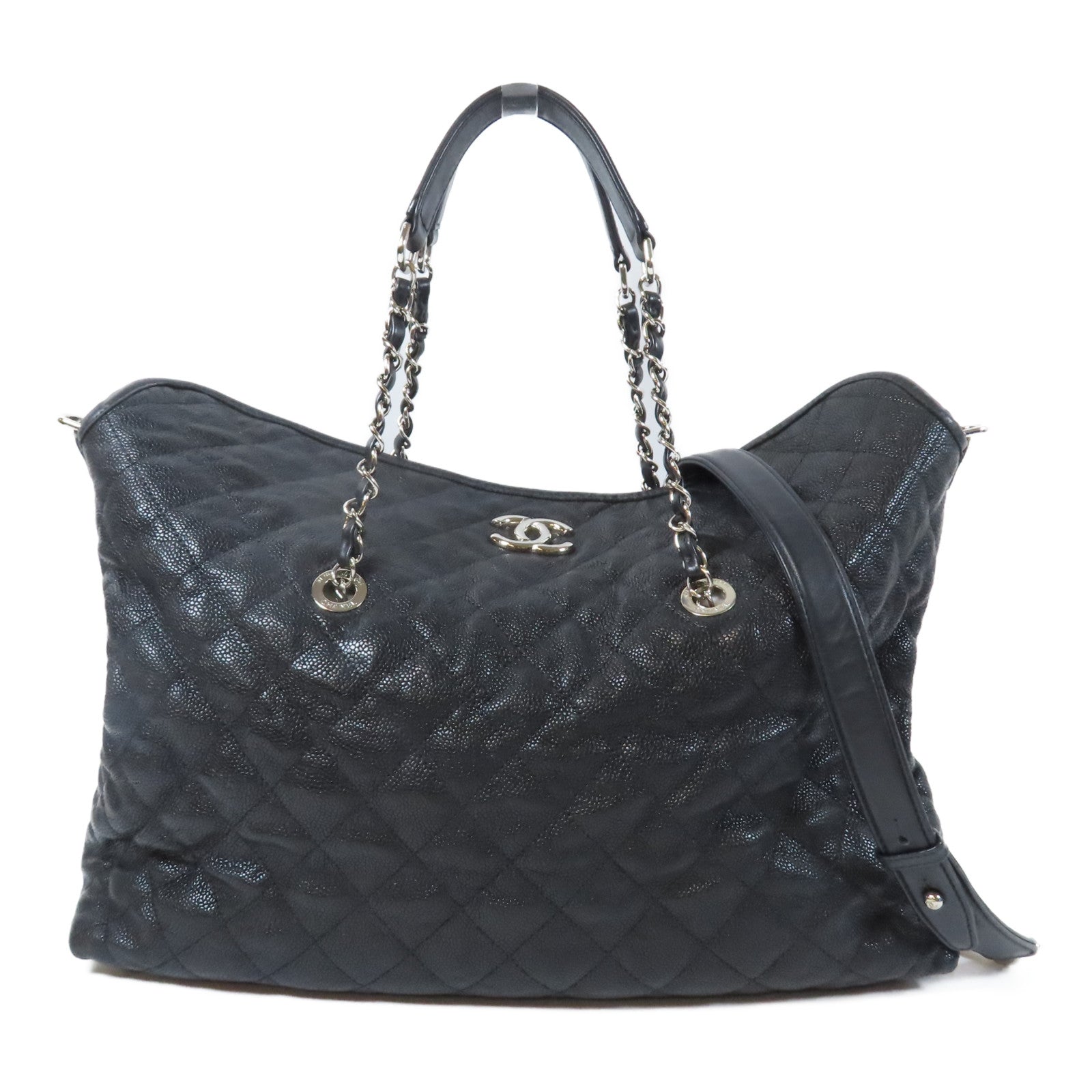 CHANEL 菱格牛皮皮革2 Way Chain Shoulder Bag銀扣鏈帶手挽肩背兩用袋黑色