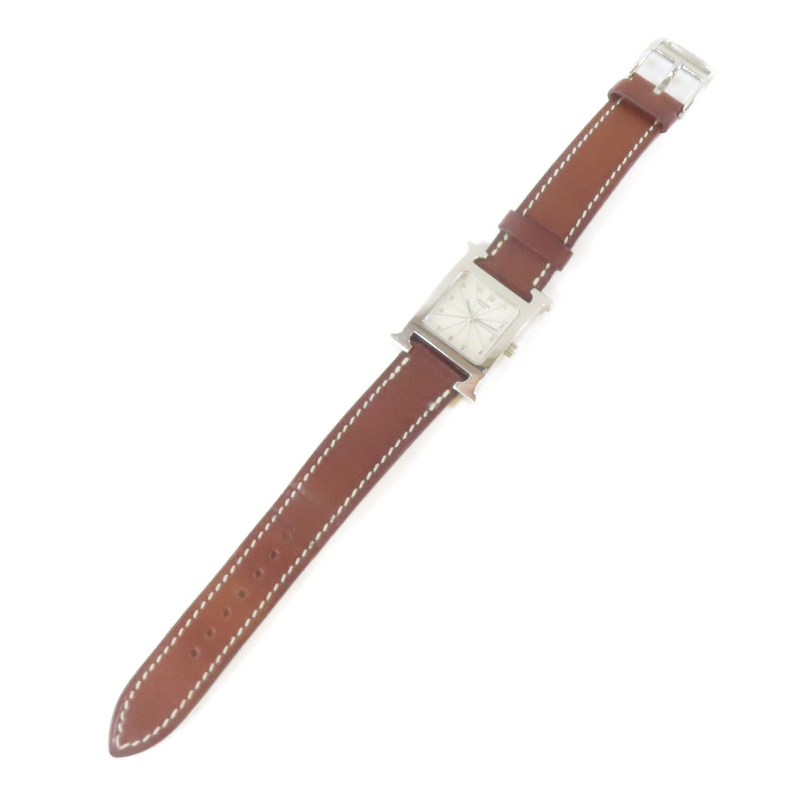 HERMES H watch皮革/不鏽鋼手錶石英機芯銀色#16cm