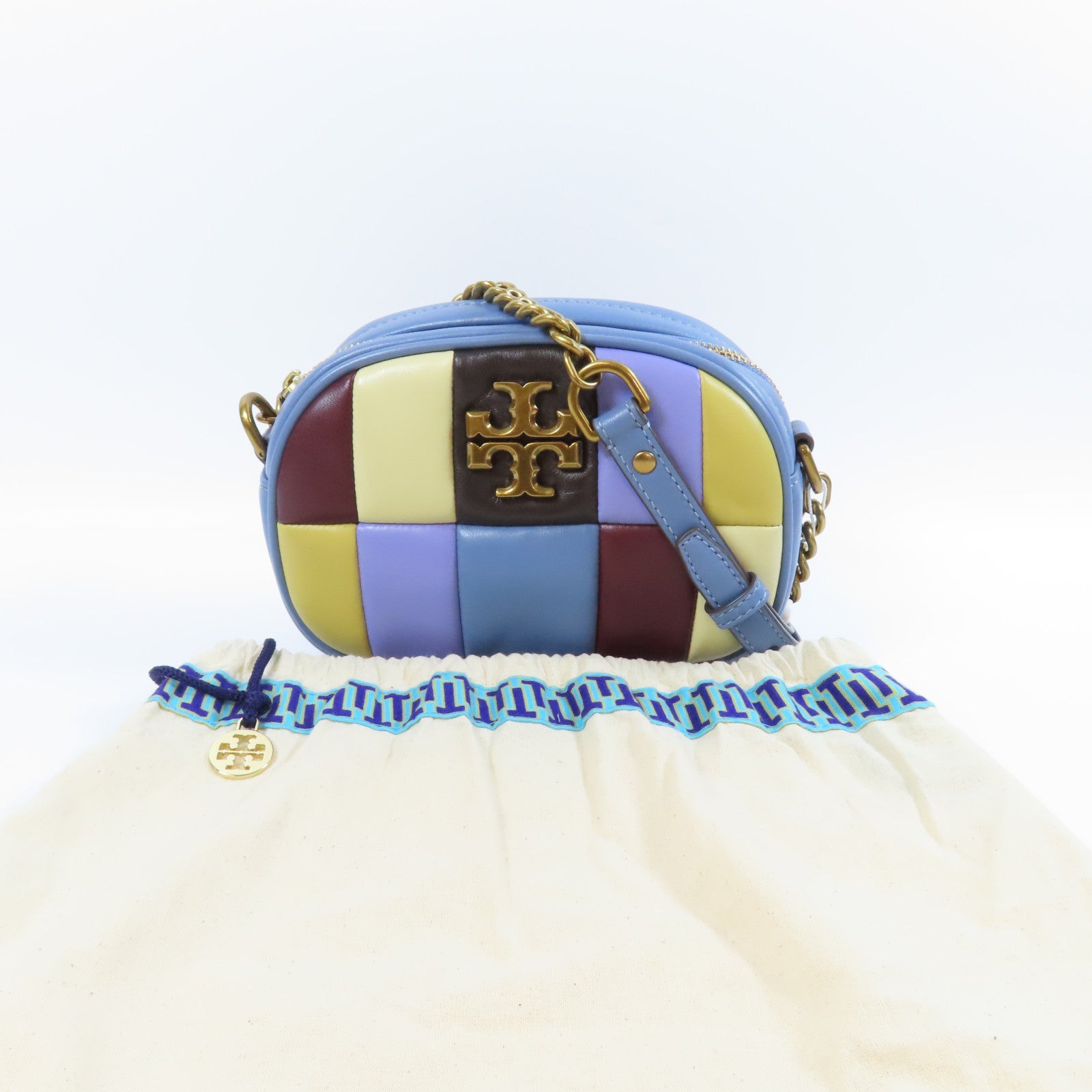 Tory Burch 【激減優惠】羊皮皮革Kira Patchwork Small Camera Bag金扣肩背袋藍色/黃色