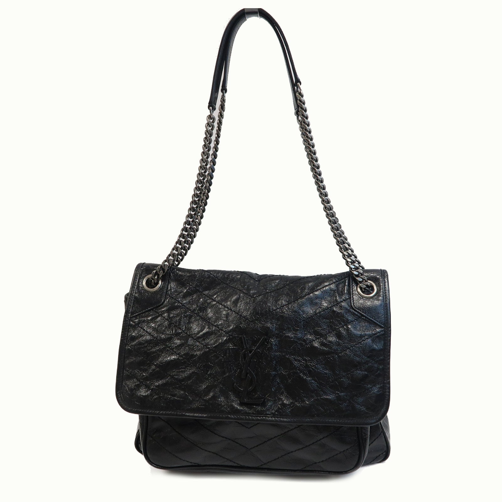 SAINT LAURENT 牛皮皮革Shoulder Bag銀扣鏈帶肩背袋黑色