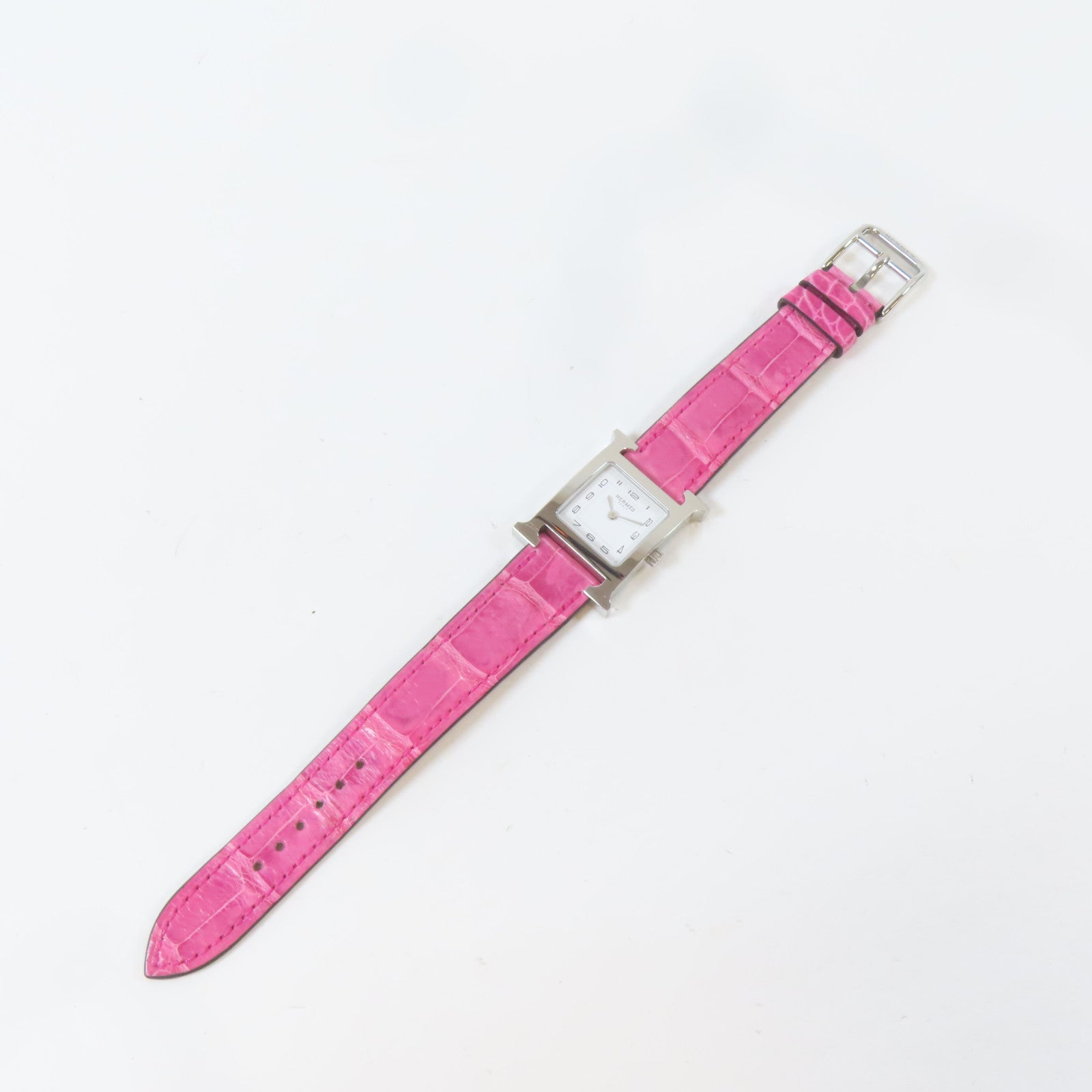 HERMES H watch不鏽鋼/皮革手錶石英機芯白色/粉紅色#16cm