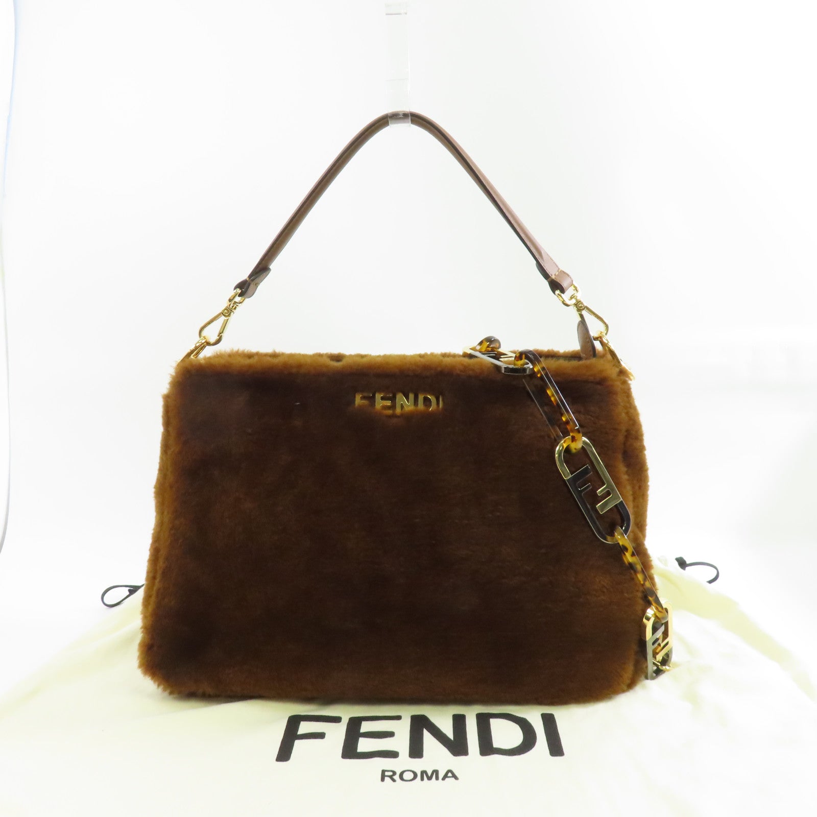 FENDI 羊毛皮/小牛皮O'Lock Zip Bag金扣手挽肩背兩用袋啡色