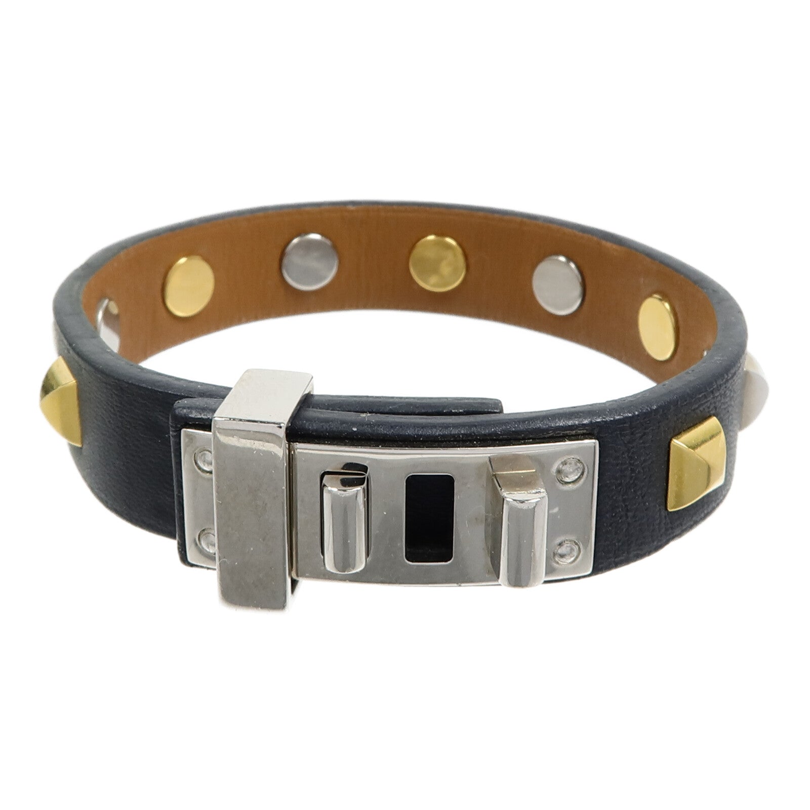 HERMES 金屬/Swift皮革Mini Dog Clous Ronds Bracelet手鐲Noir