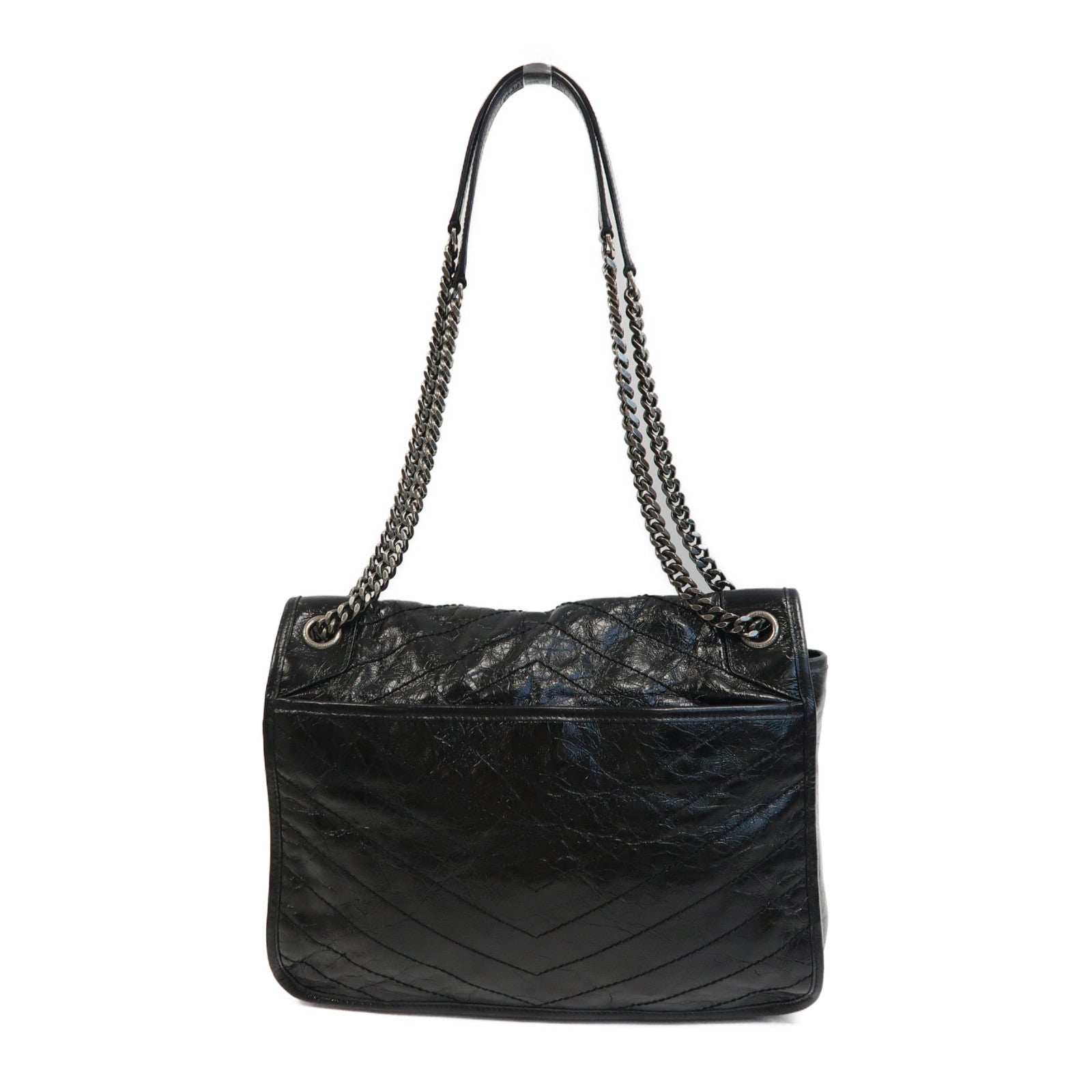 SAINT LAURENT 牛皮皮革Shoulder Bag銀扣鏈帶肩背袋黑色
