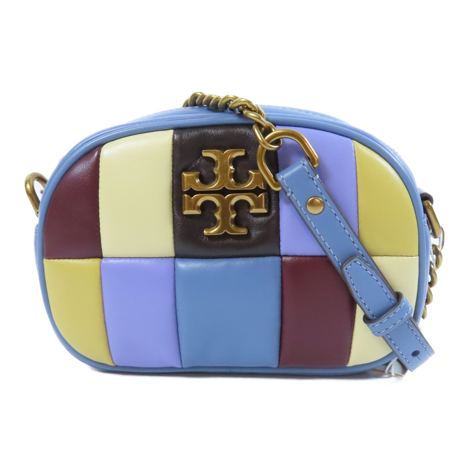 Tory Burch 【激減優惠】羊皮皮革Kira Patchwork Small Camera Bag金扣肩背袋藍色/黃色