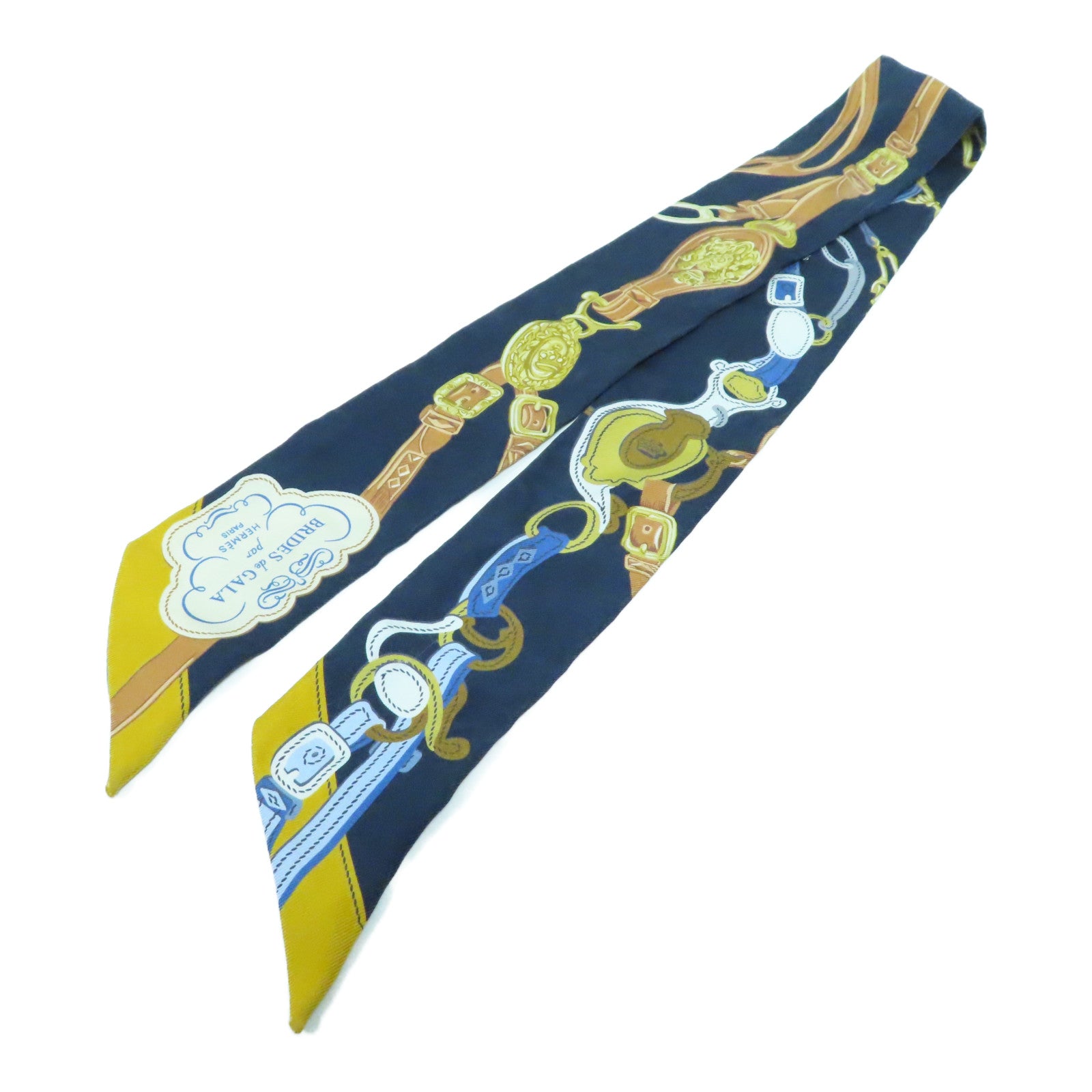 HERMES 【激減優惠】絲質Twilly Scarf絲巾深藍色/黃色