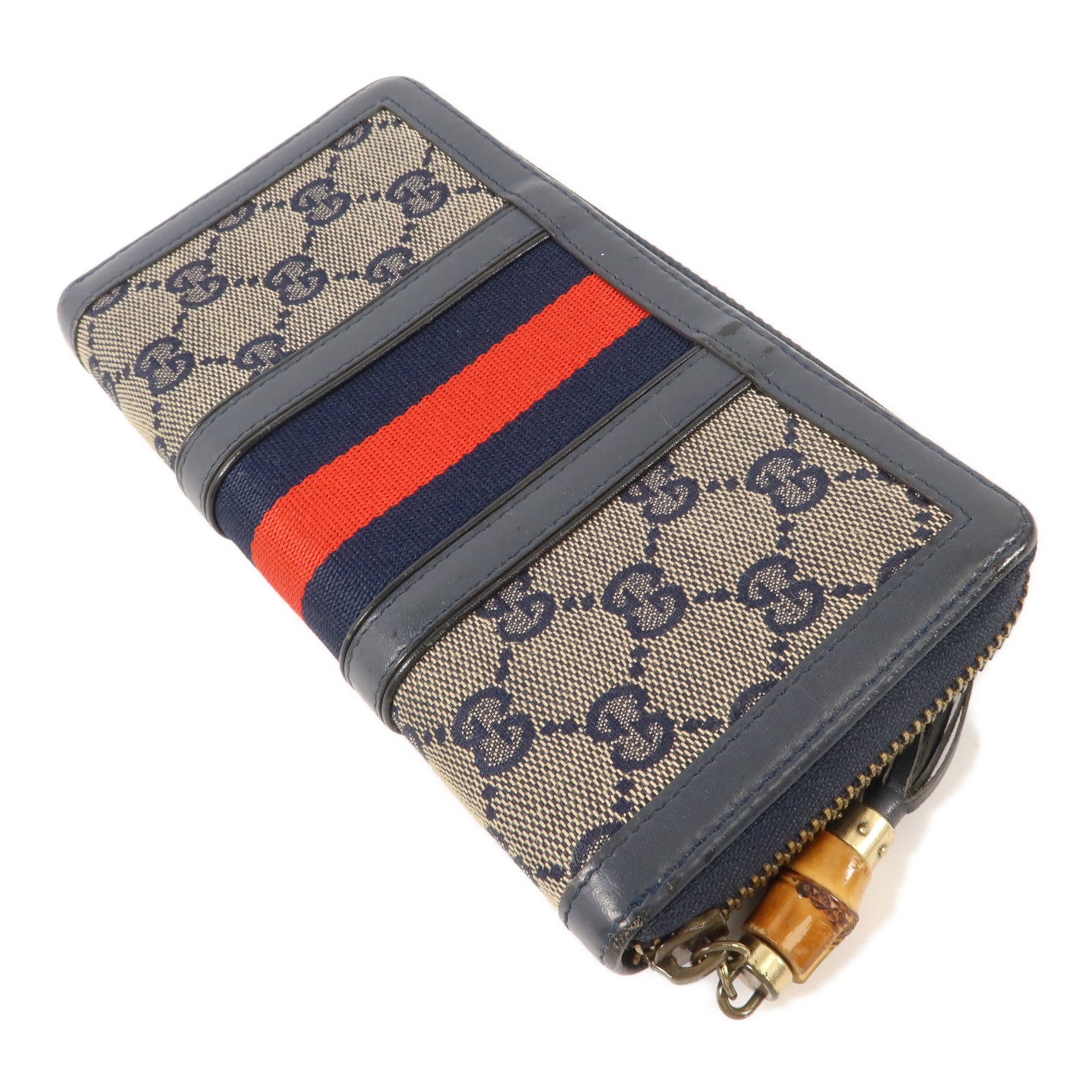 GUCCI 帆布/牛皮皮革Long Round Wallet長錢包