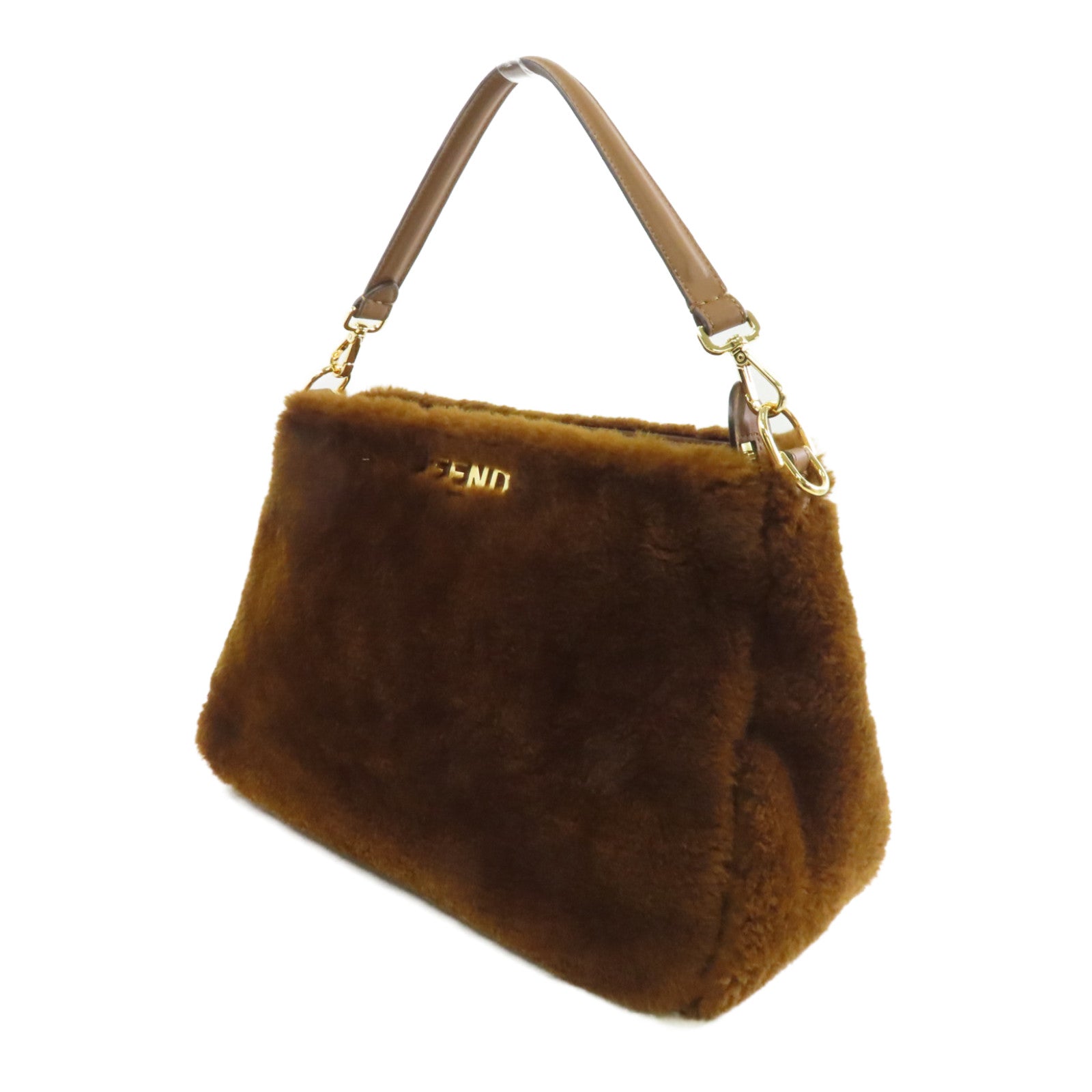 FENDI 羊毛皮/小牛皮O'Lock Zip Bag金扣手挽肩背兩用袋啡色