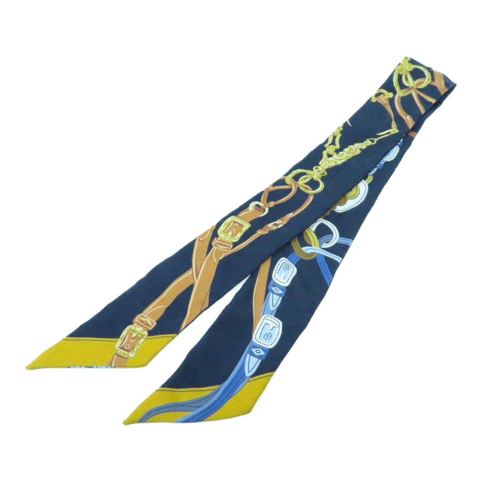 HERMES 【激減優惠】絲質Twilly Scarf絲巾深藍色/黃色