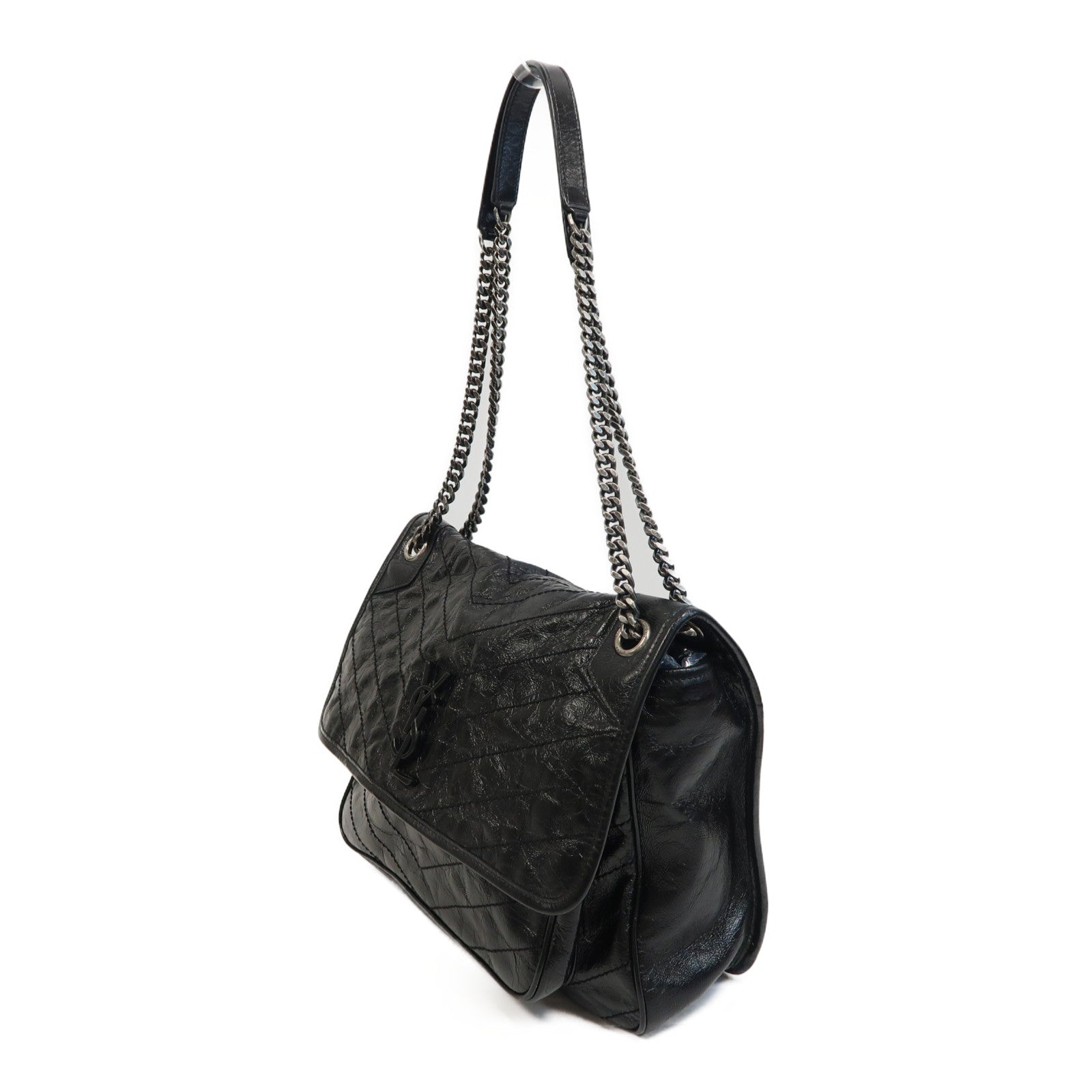 SAINT LAURENT 牛皮皮革Shoulder Bag銀扣鏈帶肩背袋黑色