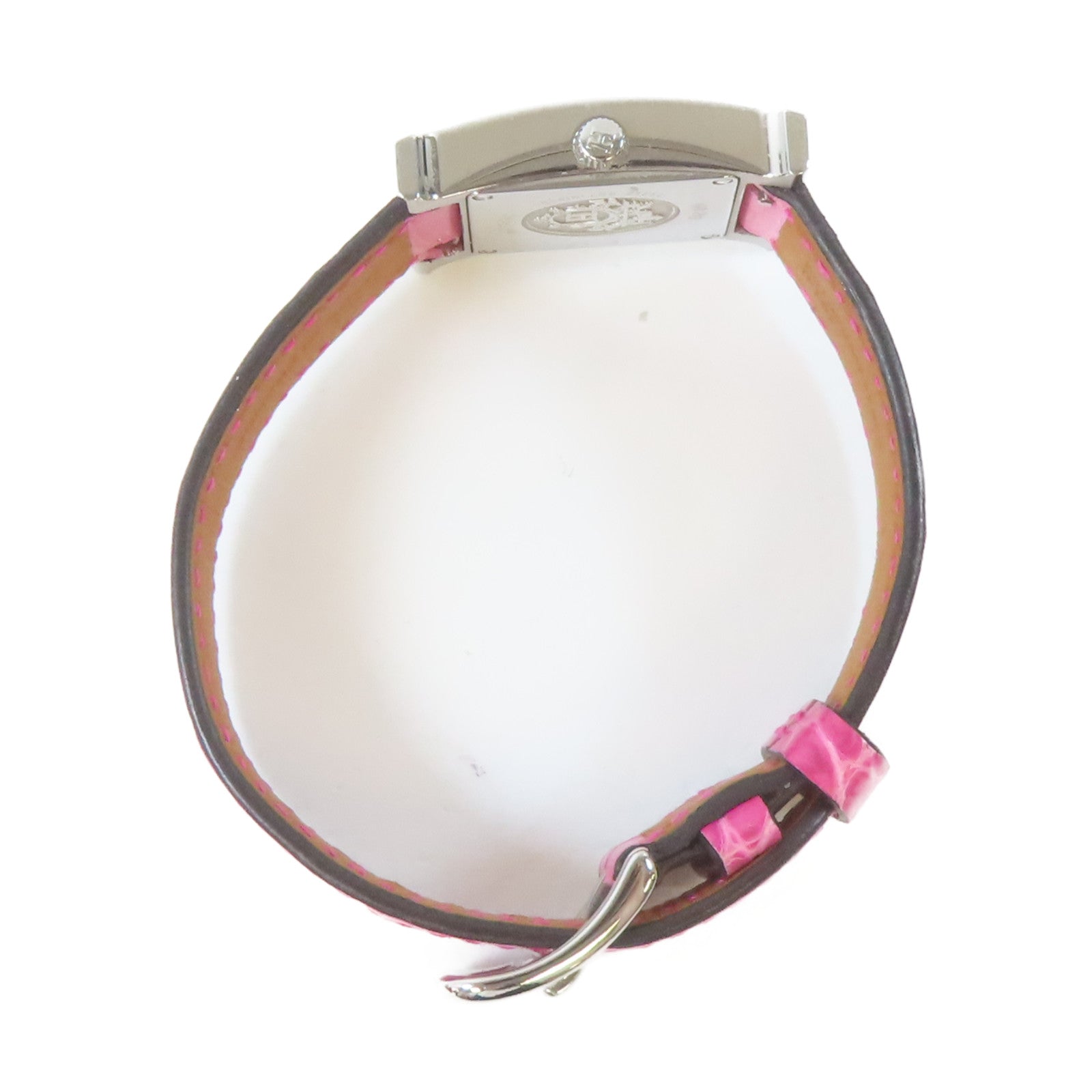 HERMES H watch不鏽鋼/皮革手錶石英機芯白色/粉紅色#16cm