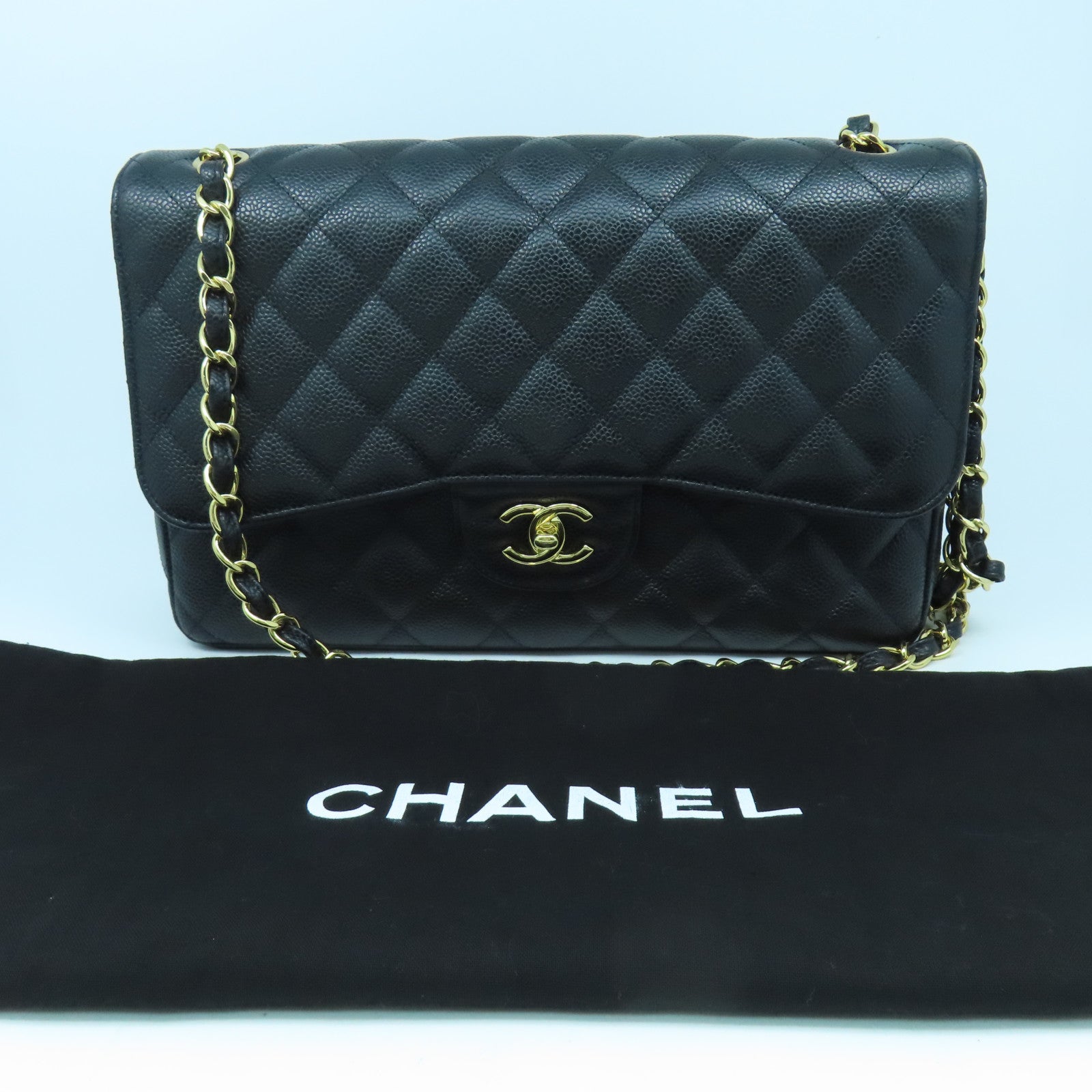 CHANEL **【激減優惠】菱格牛皮皮革Jumbo金扣鏈帶肩背袋黑色