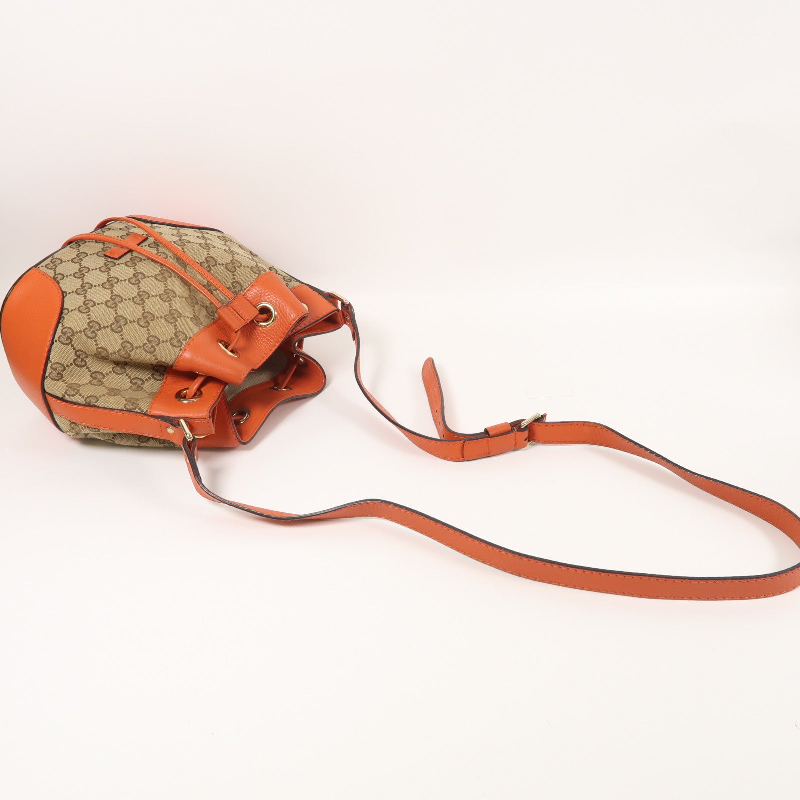 GUCCI 帆布Bucket Bag金扣肩背袋啡色/橙色