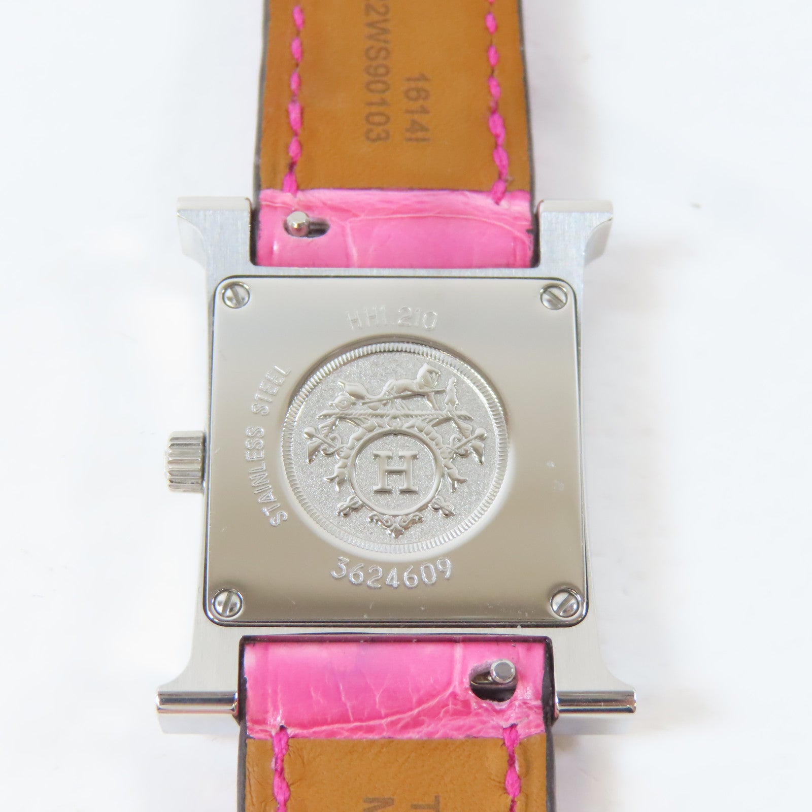 HERMES H watch不鏽鋼/皮革手錶石英機芯白色/粉紅色#16cm