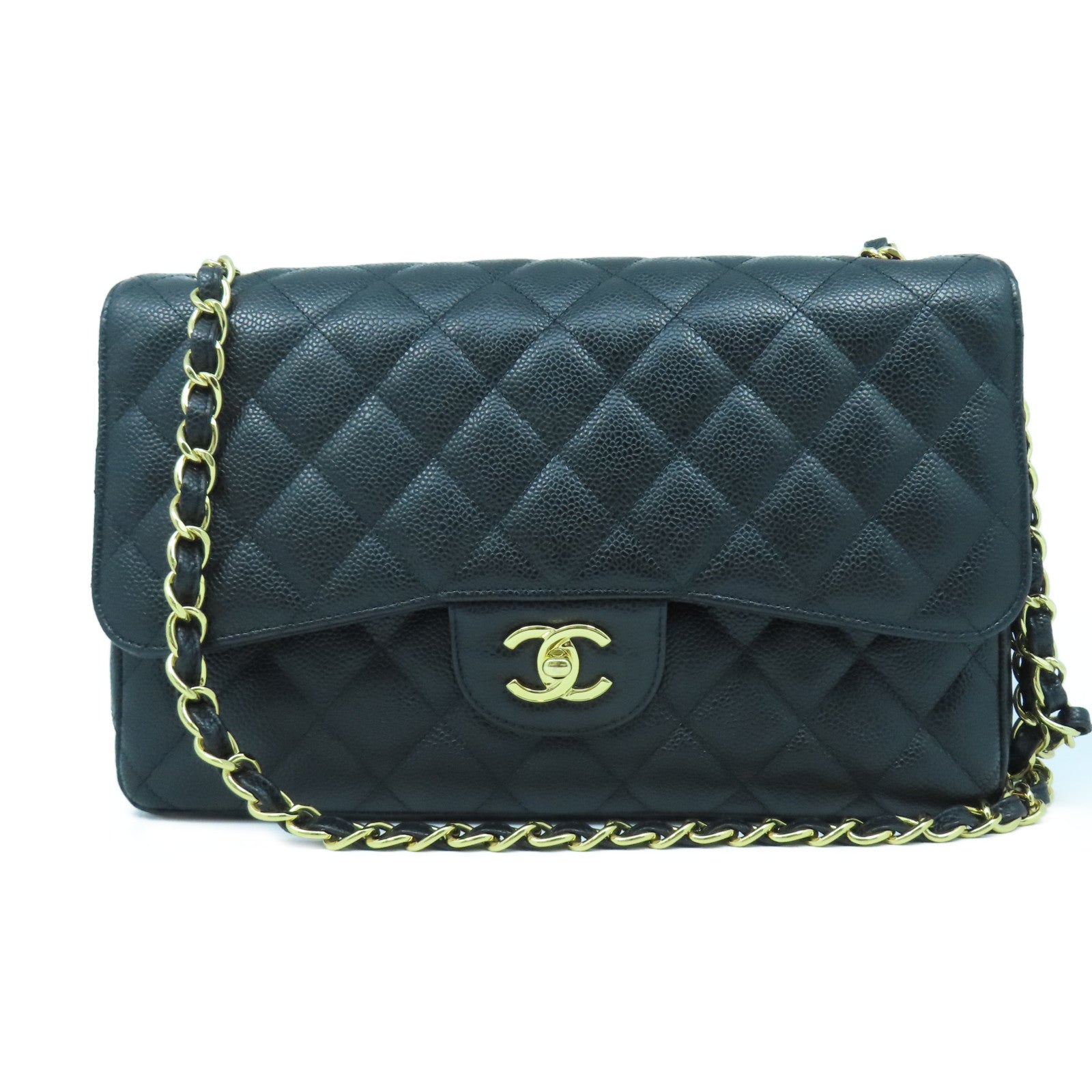 CHANEL **【激減優惠】菱格牛皮皮革Jumbo金扣鏈帶肩背袋黑色