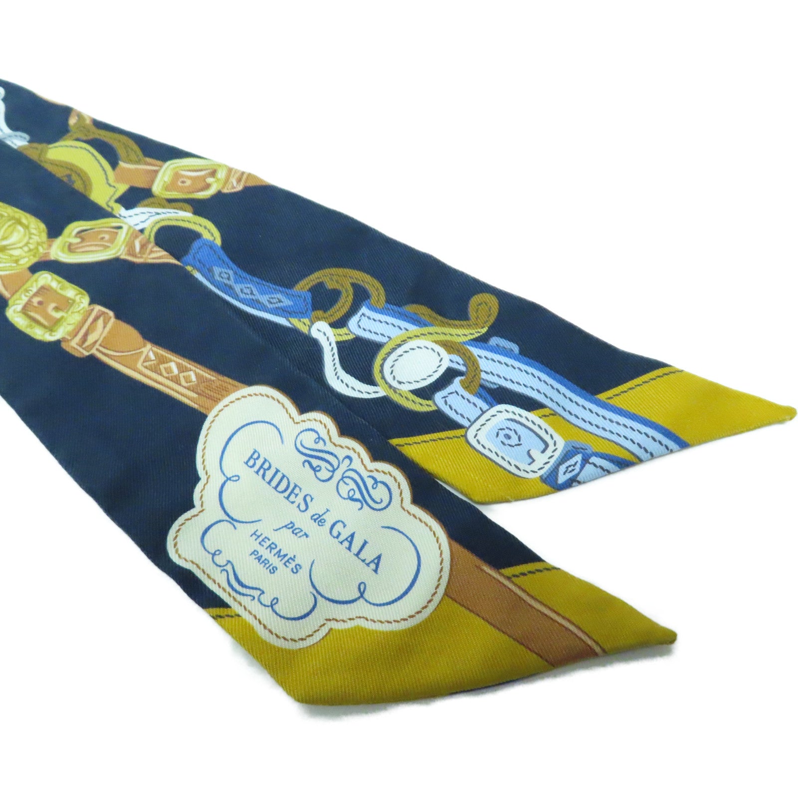 HERMES 【激減優惠】絲質Twilly Scarf絲巾深藍色/黃色