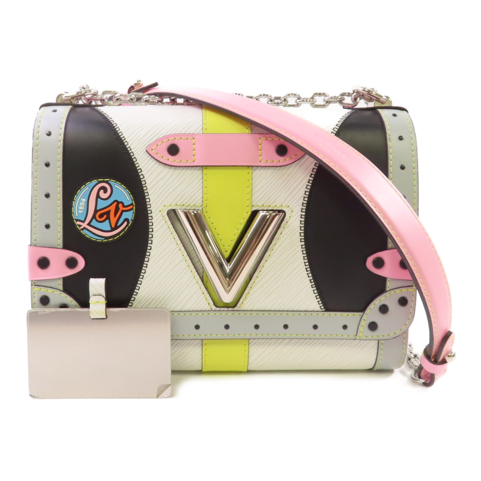 LOUIS VUITTON Epi Twist MM Shoulder Bag銀扣鏈帶肩背袋白色/粉紅色/黑色