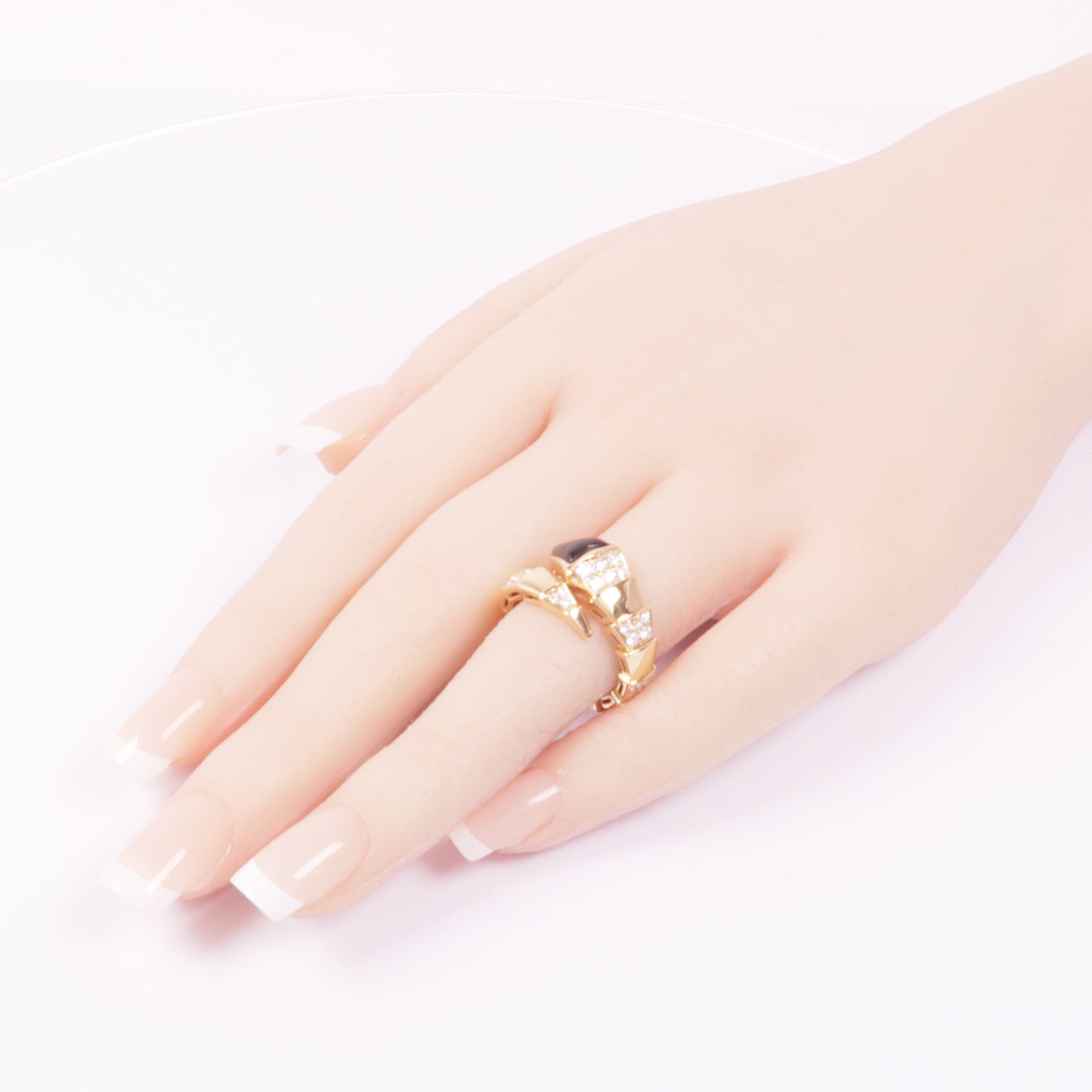 BVLGARI 18K玫瑰金Serpenti Viper Demi Pave Diamond Ring縞瑪瑙/鑽石戒指US#5.5