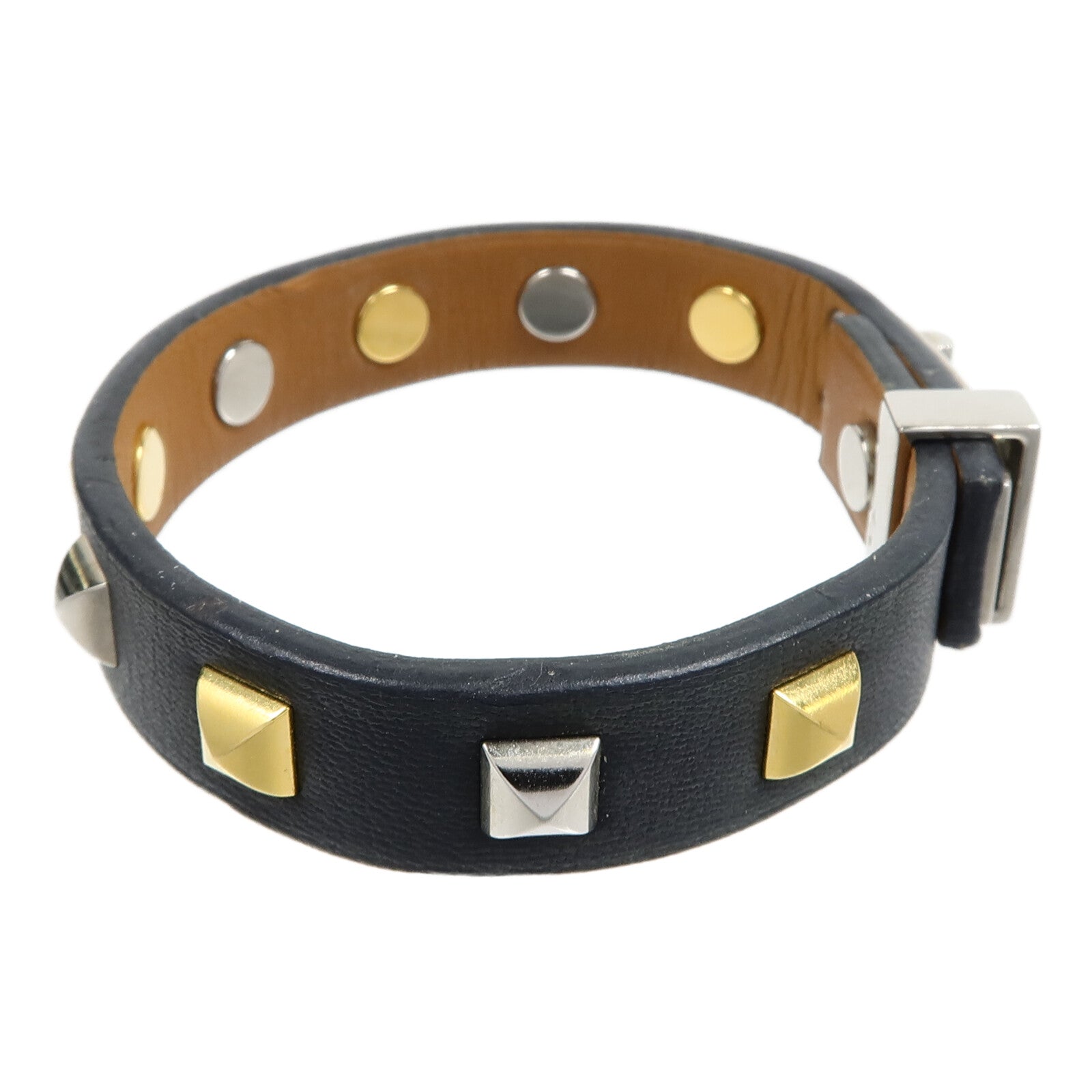 HERMES 金屬/Swift皮革Mini Dog Clous Ronds Bracelet手鐲Noir