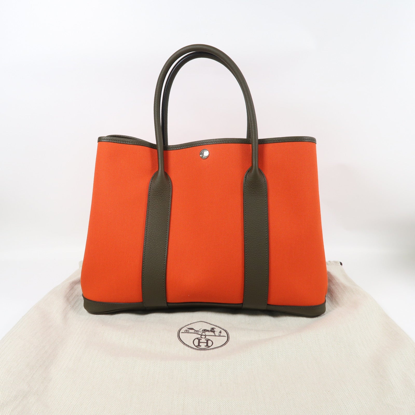 HERMES 帆布GardenParty PM銀扣手挽袋橙色