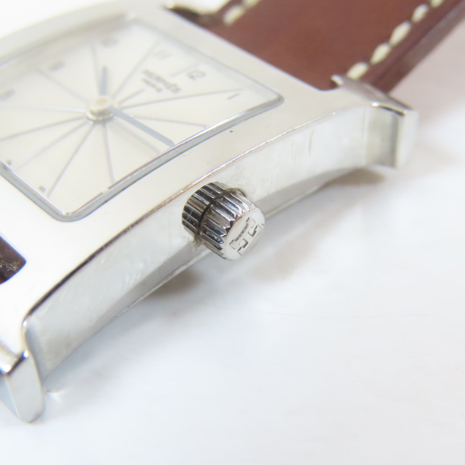 HERMES H watch皮革/不鏽鋼手錶石英機芯銀色#16cm
