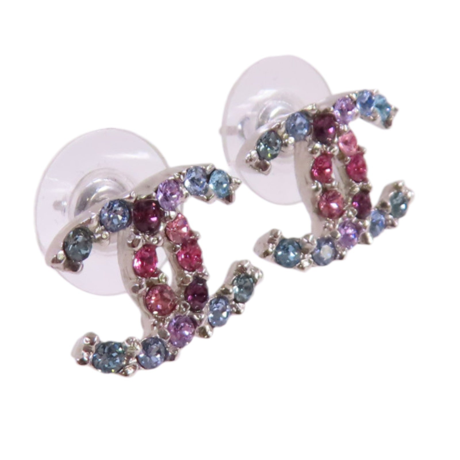 CHANEL 金屬/水鑽CC Earrings銀扣耳環