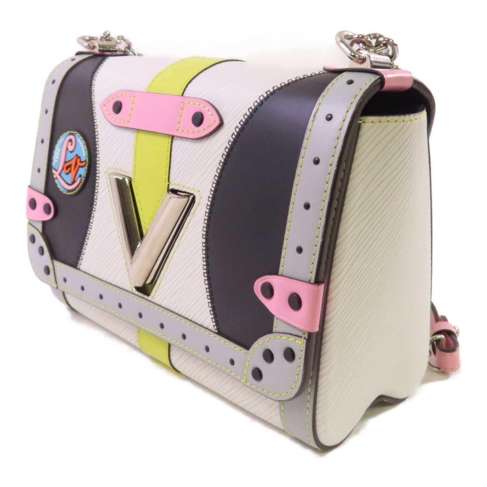 LOUIS VUITTON Epi Twist MM Shoulder Bag銀扣鏈帶肩背袋白色/粉紅色/黑色