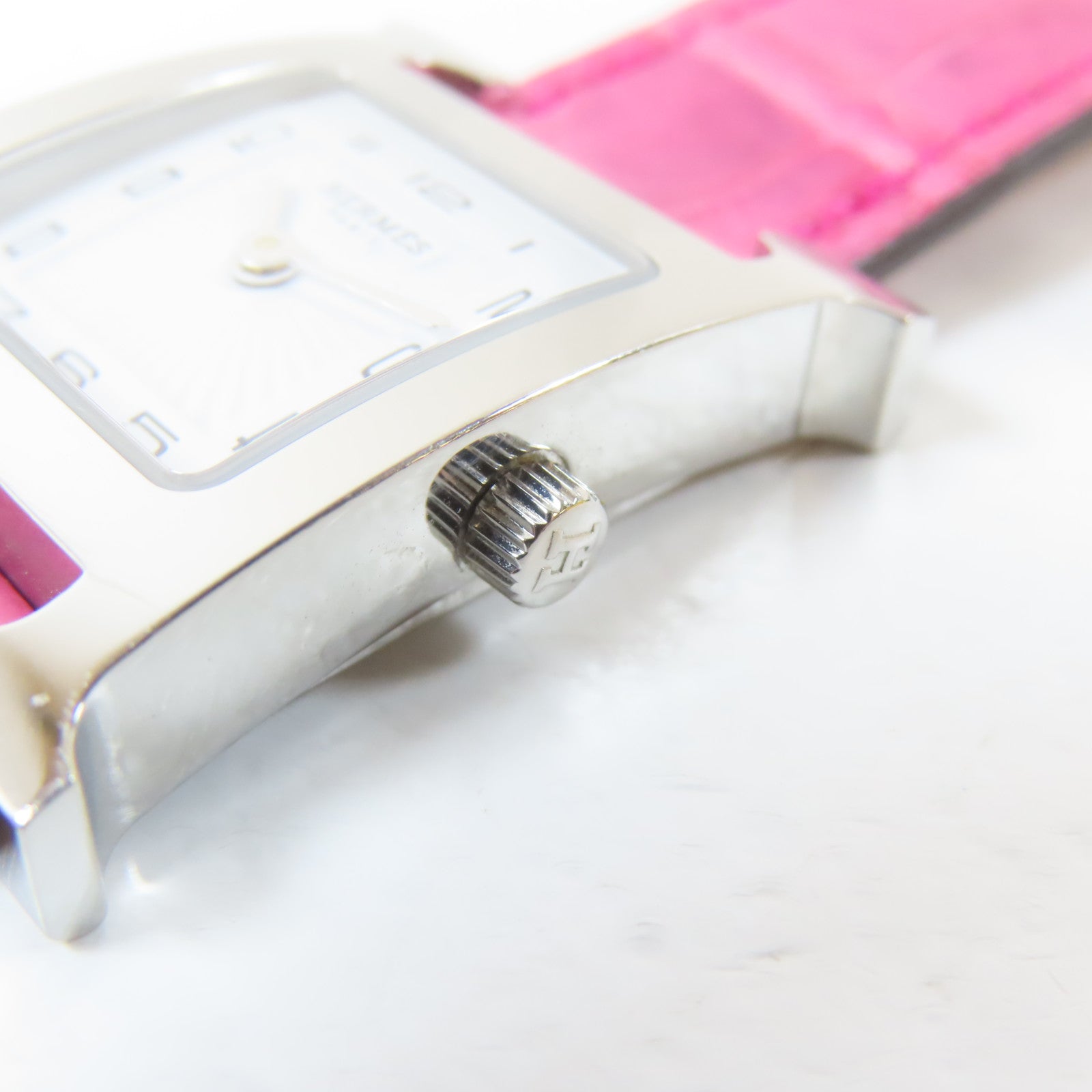HERMES H watch不鏽鋼/皮革手錶石英機芯白色/粉紅色#16cm