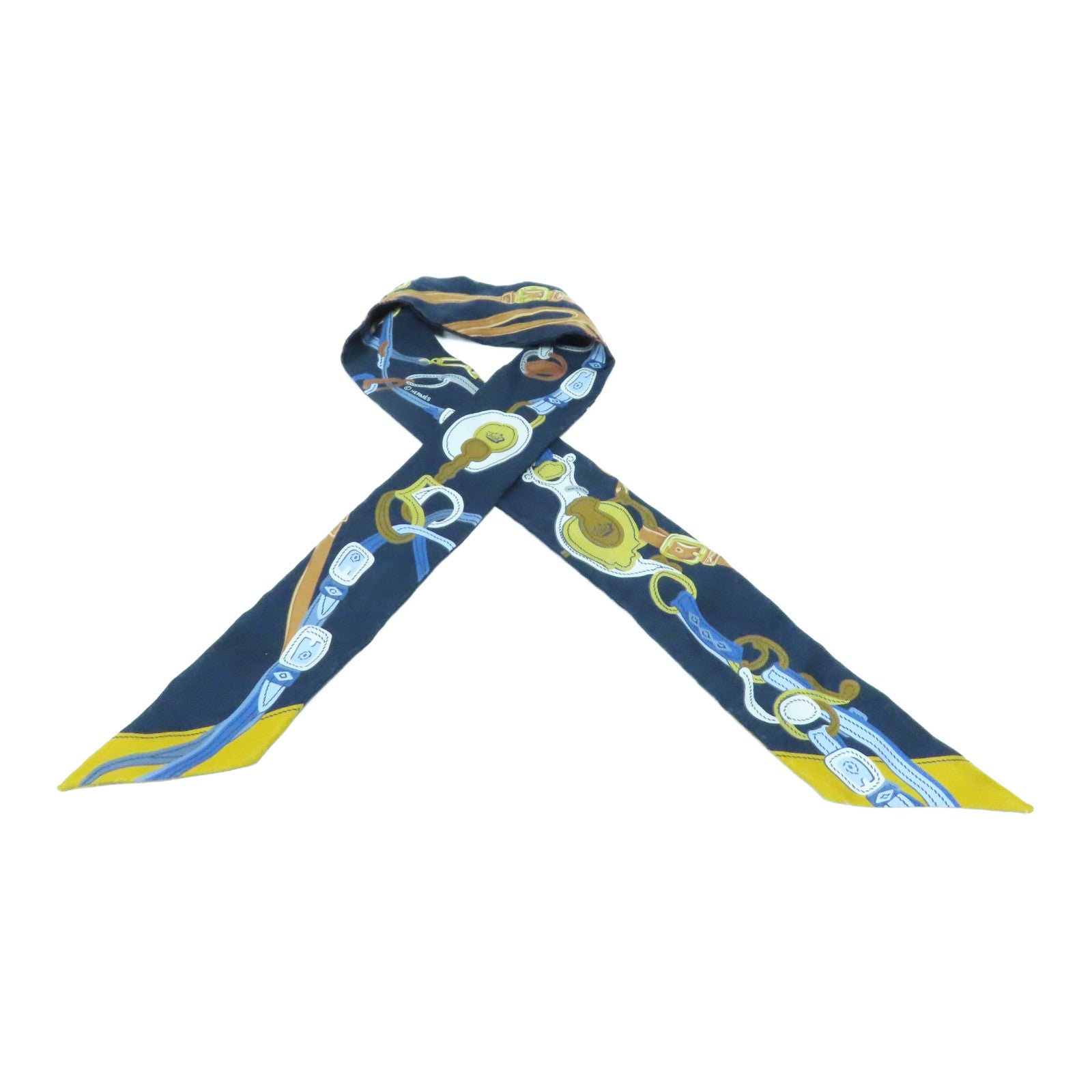 HERMES 【激減優惠】絲質Twilly Scarf絲巾深藍色/黃色