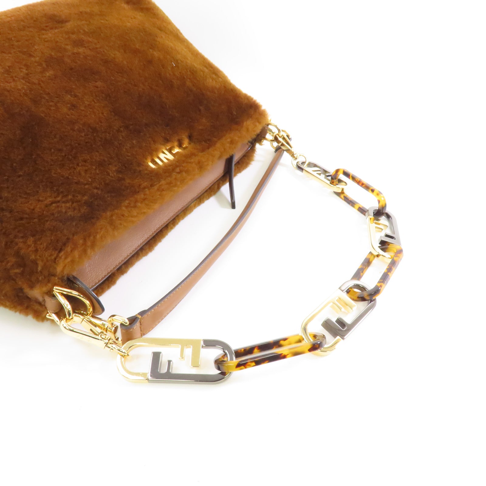 FENDI 羊毛皮/小牛皮O'Lock Zip Bag金扣手挽肩背兩用袋啡色