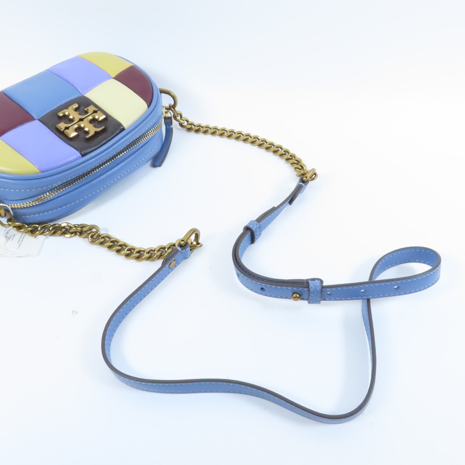 Tory Burch 【激減優惠】羊皮皮革Kira Patchwork Small Camera Bag金扣肩背袋藍色/黃色