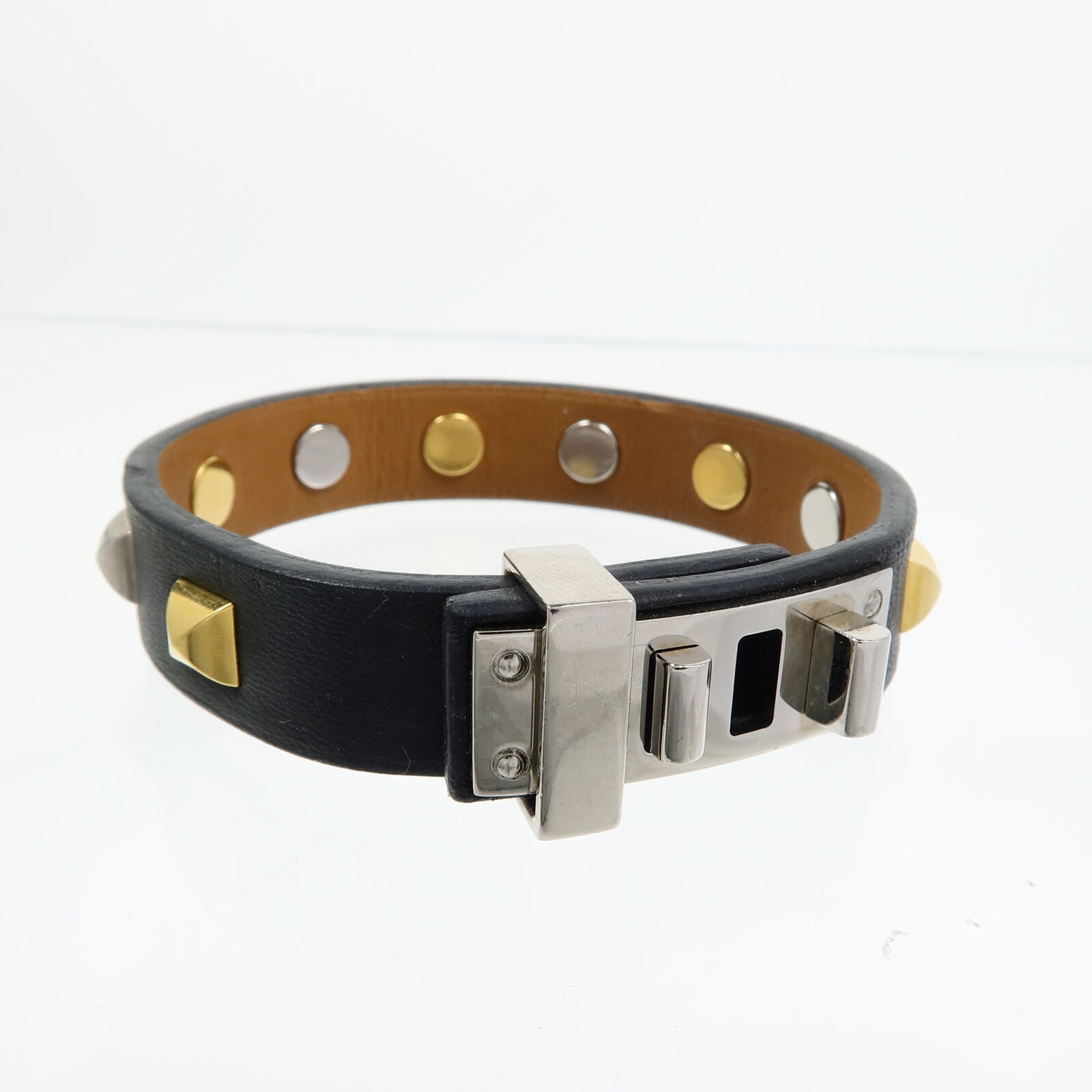 HERMES 【激減優惠】金屬/Swift皮革Mini Dog Clous Ronds Bracelet手鐲Noir