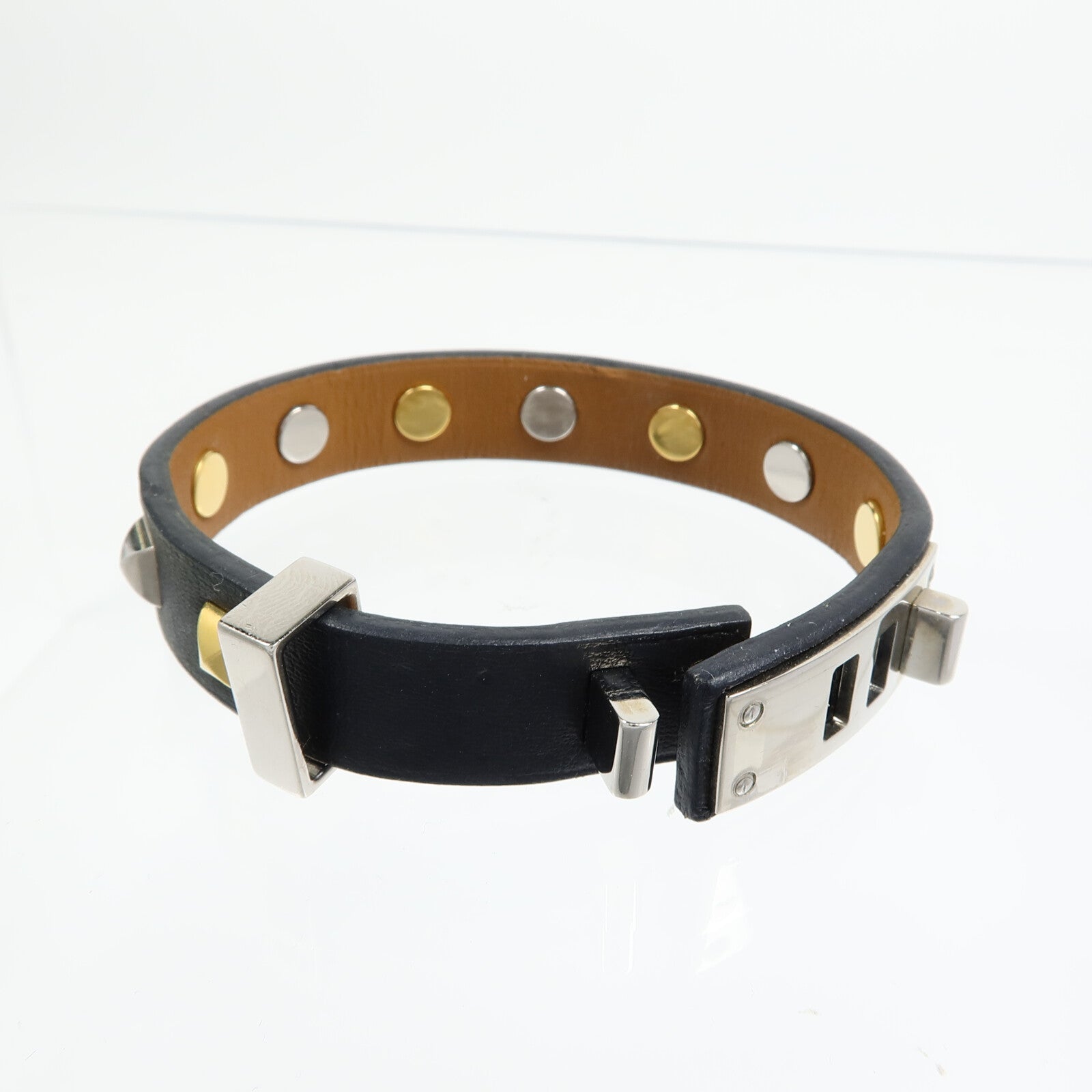HERMES 金屬/Swift皮革Mini Dog Clous Ronds Bracelet手鐲Noir