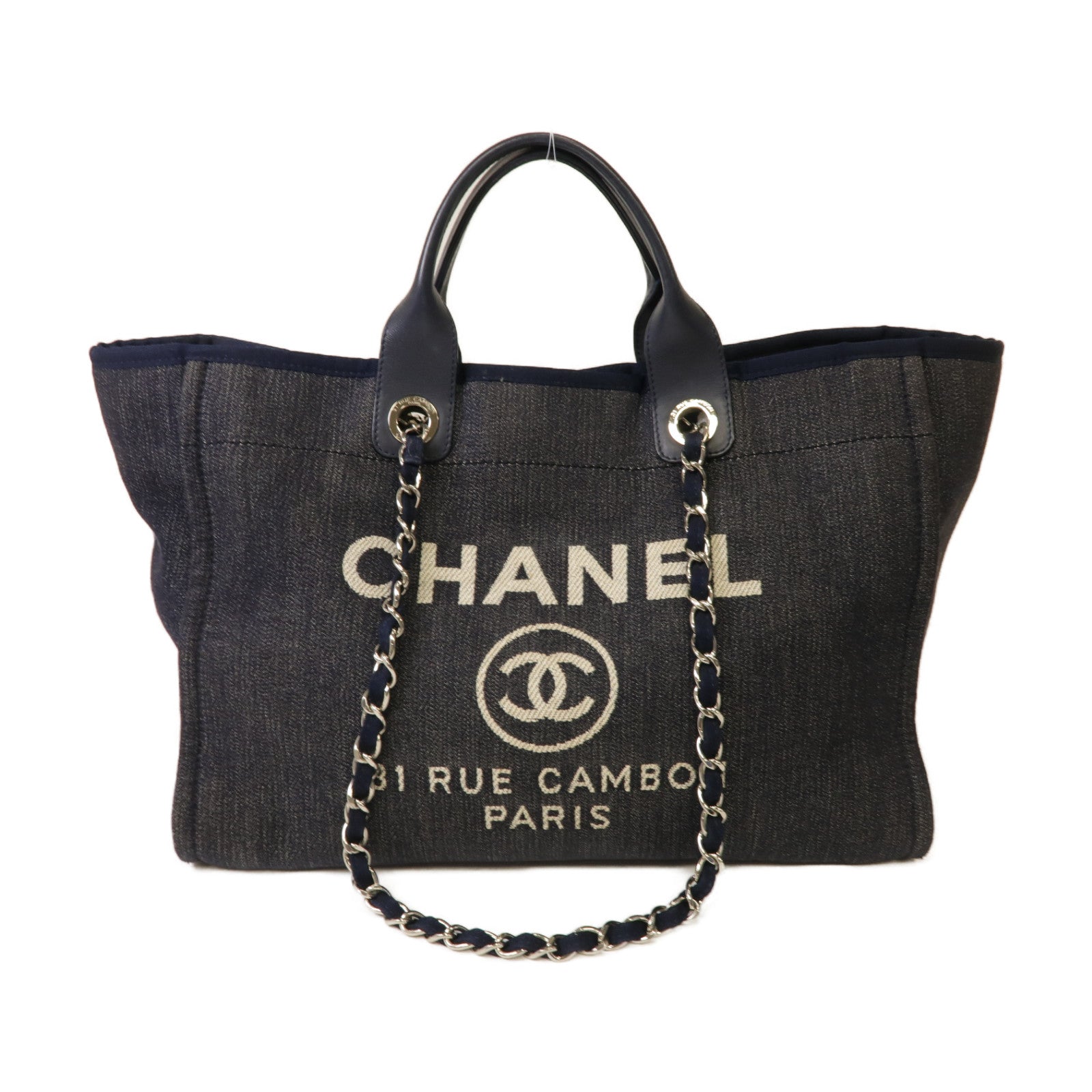 CHANEL 牛仔布Deauville Tote銀扣手挽肩背兩用袋深藍色